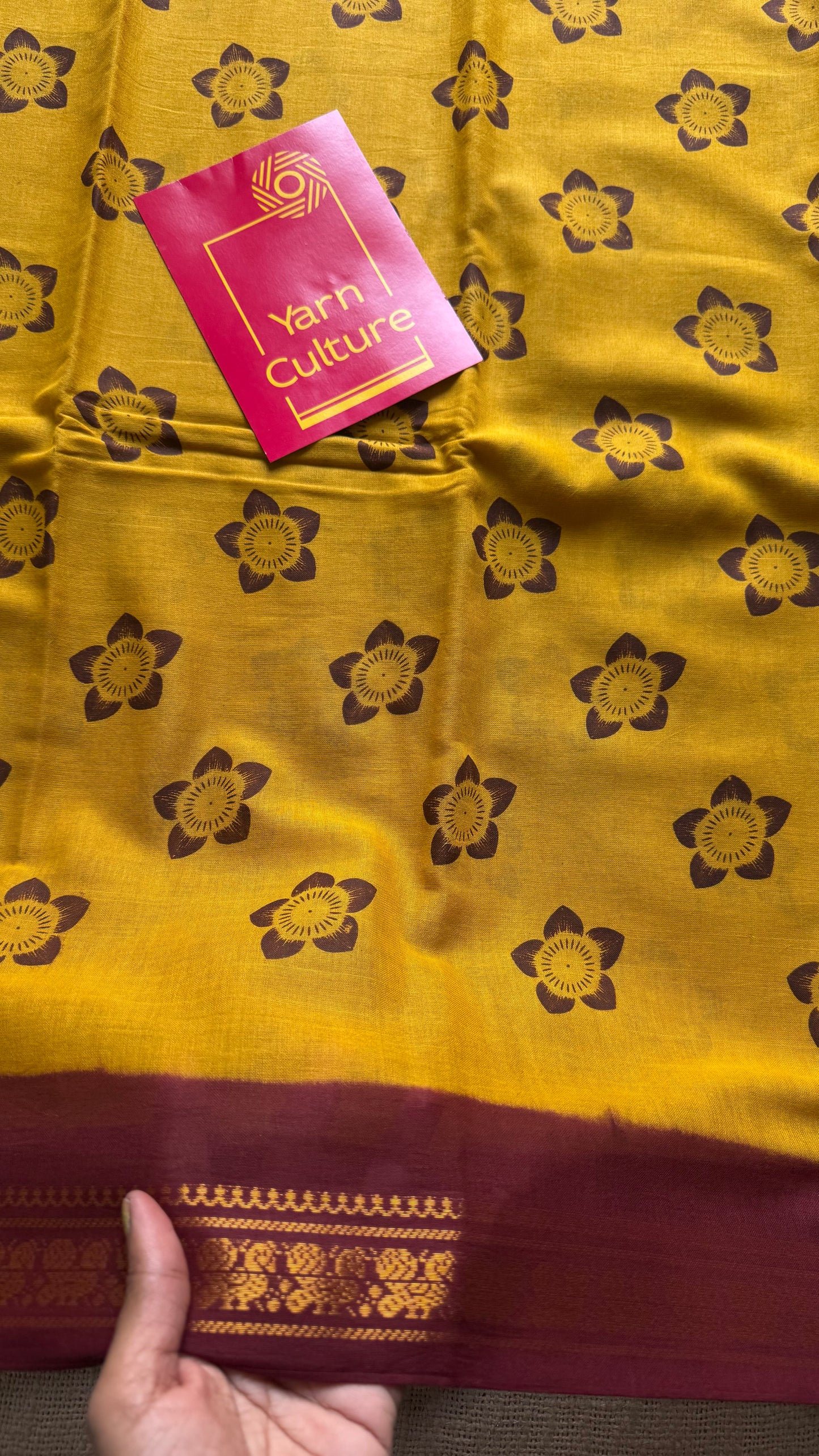 Yellow with maroon, motif printed, kattuchayam dyed madurai sungudi cotton saree - YCCOTNMSFE74