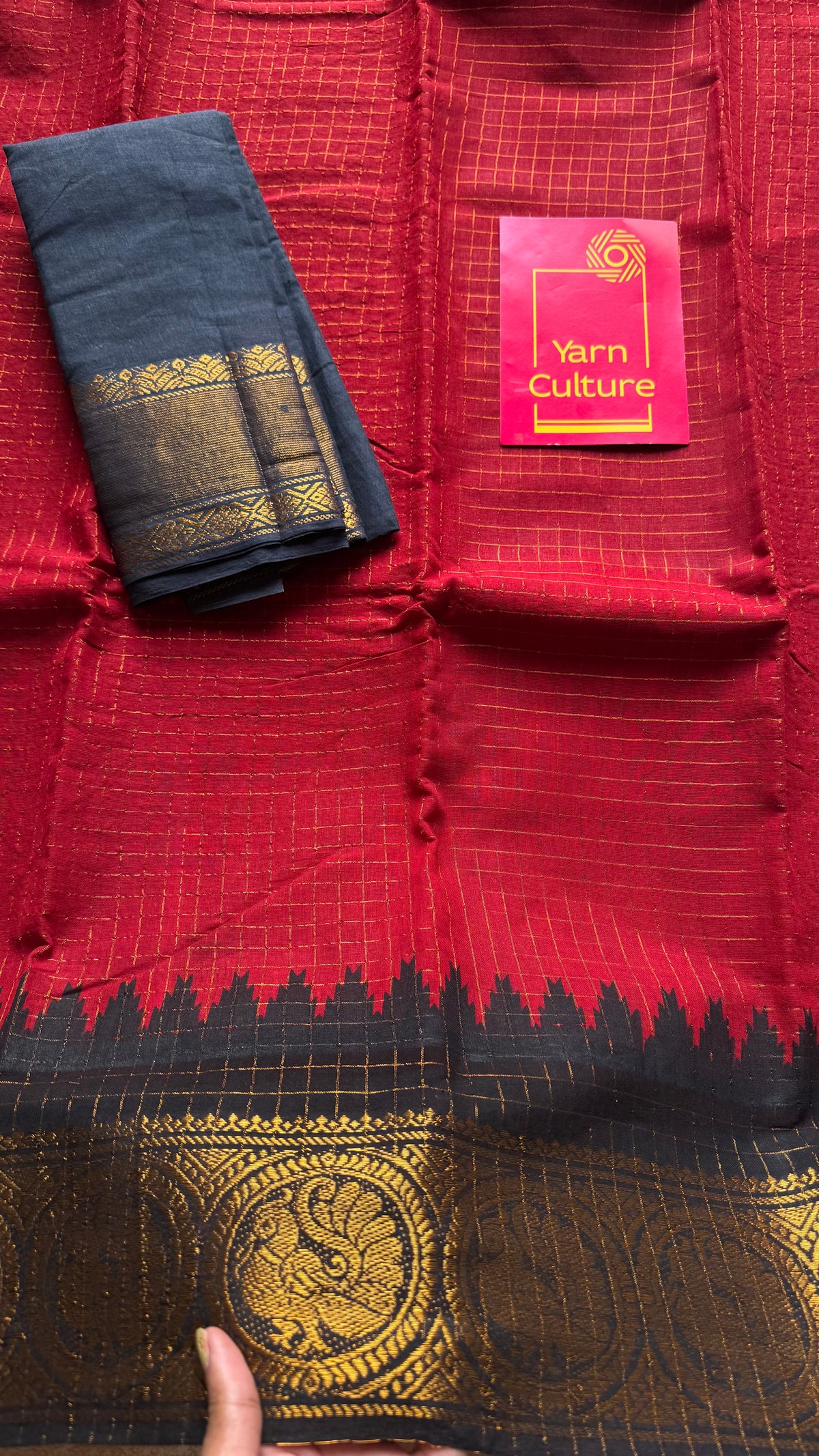 Sungudi cotton checks, red base, orange and black dual tone border, soft cotton - YCCOTNMSSE12