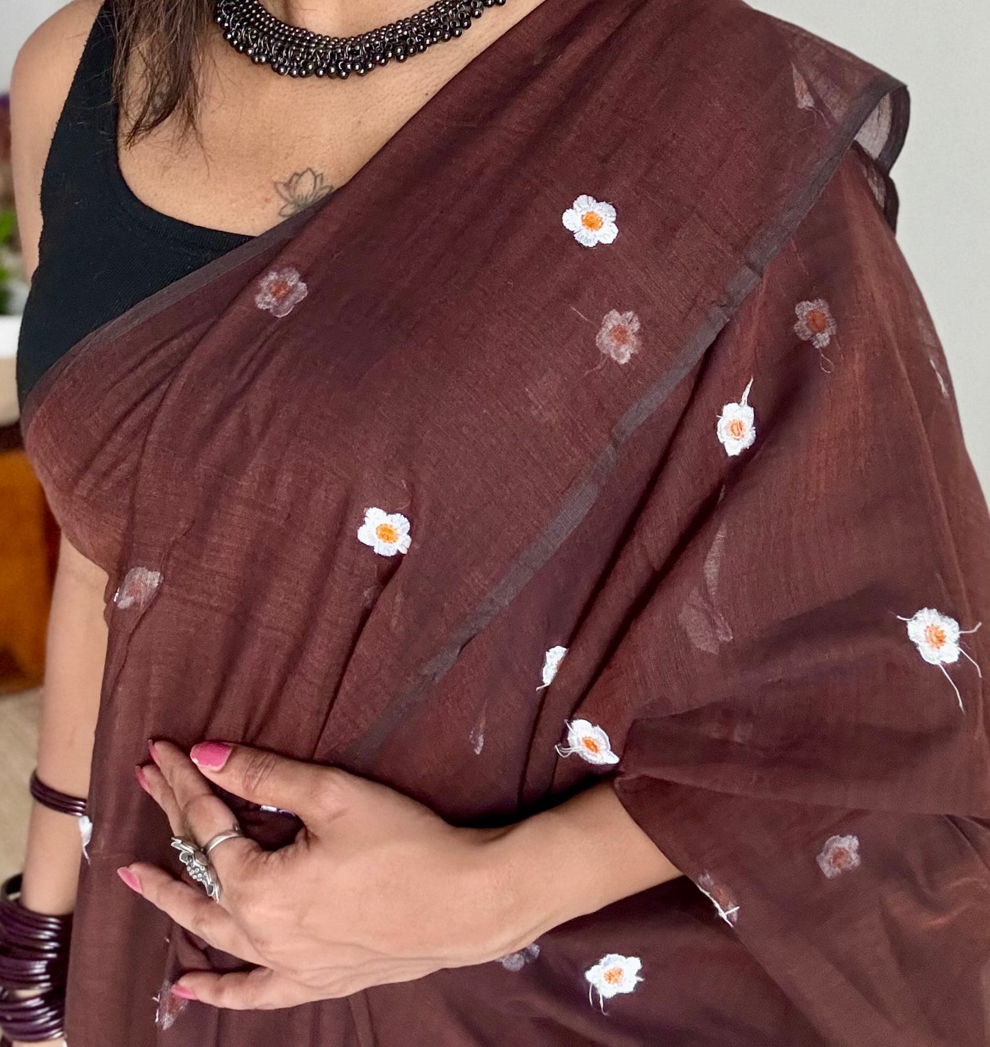 Brown with white floral embroidered mul cotton saree  - YCBCMCAP42