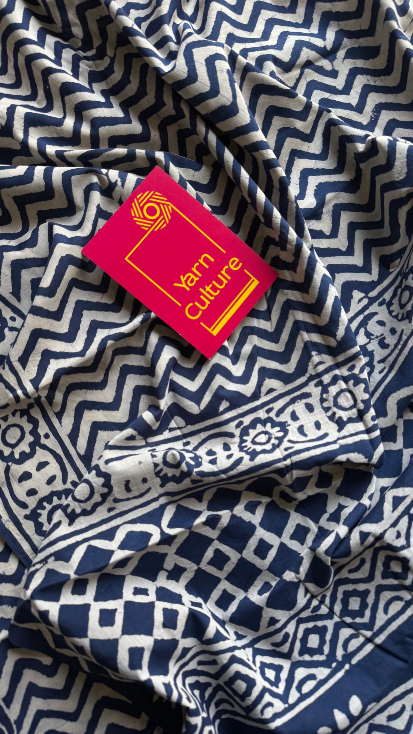 Beige with indigo zig zag motifs, block printed soft cotton saree - YCTORCMA22