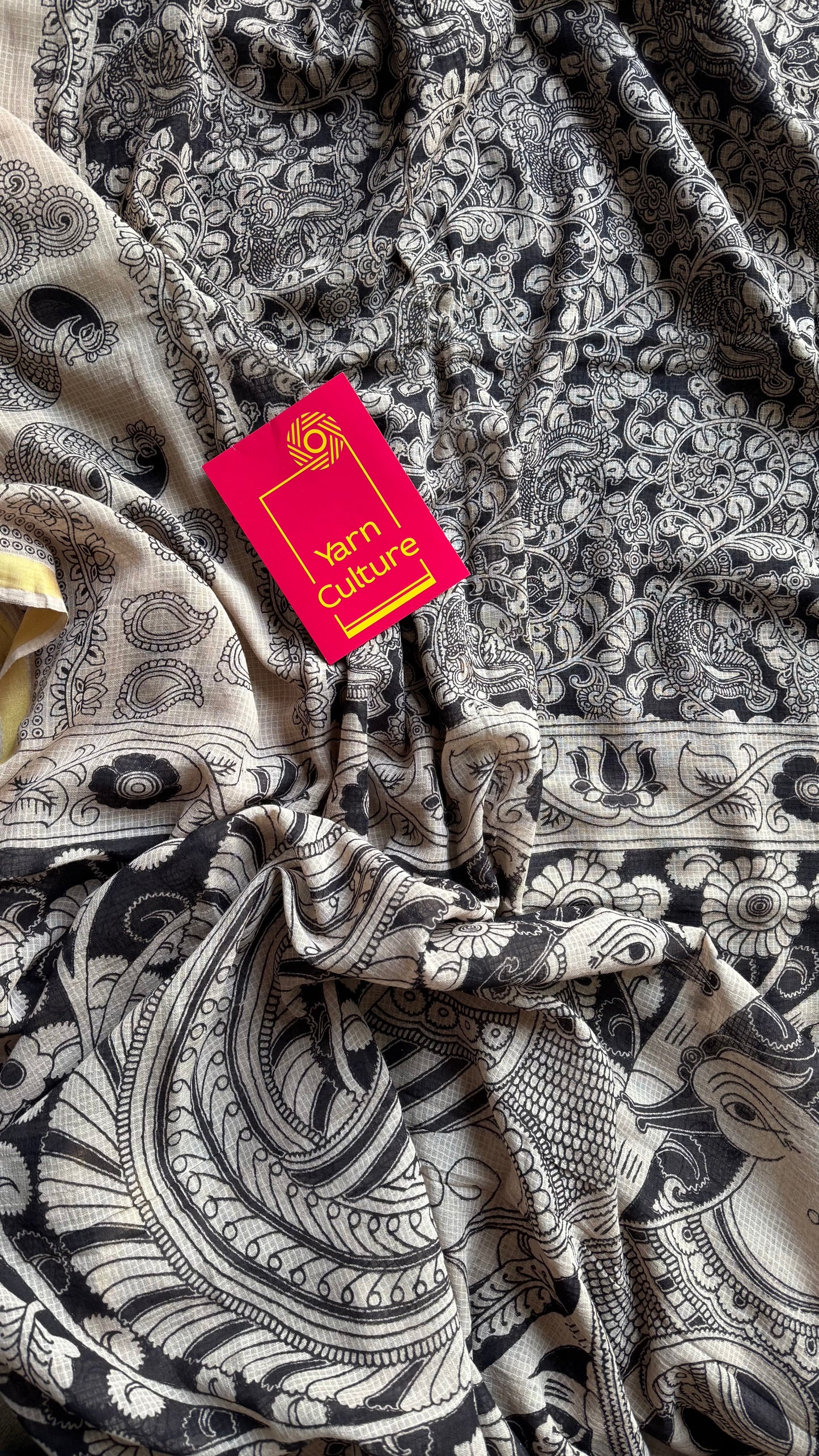 Black cream floral kalamkari saree in kota, with zari border - YCWOTDKKFE19