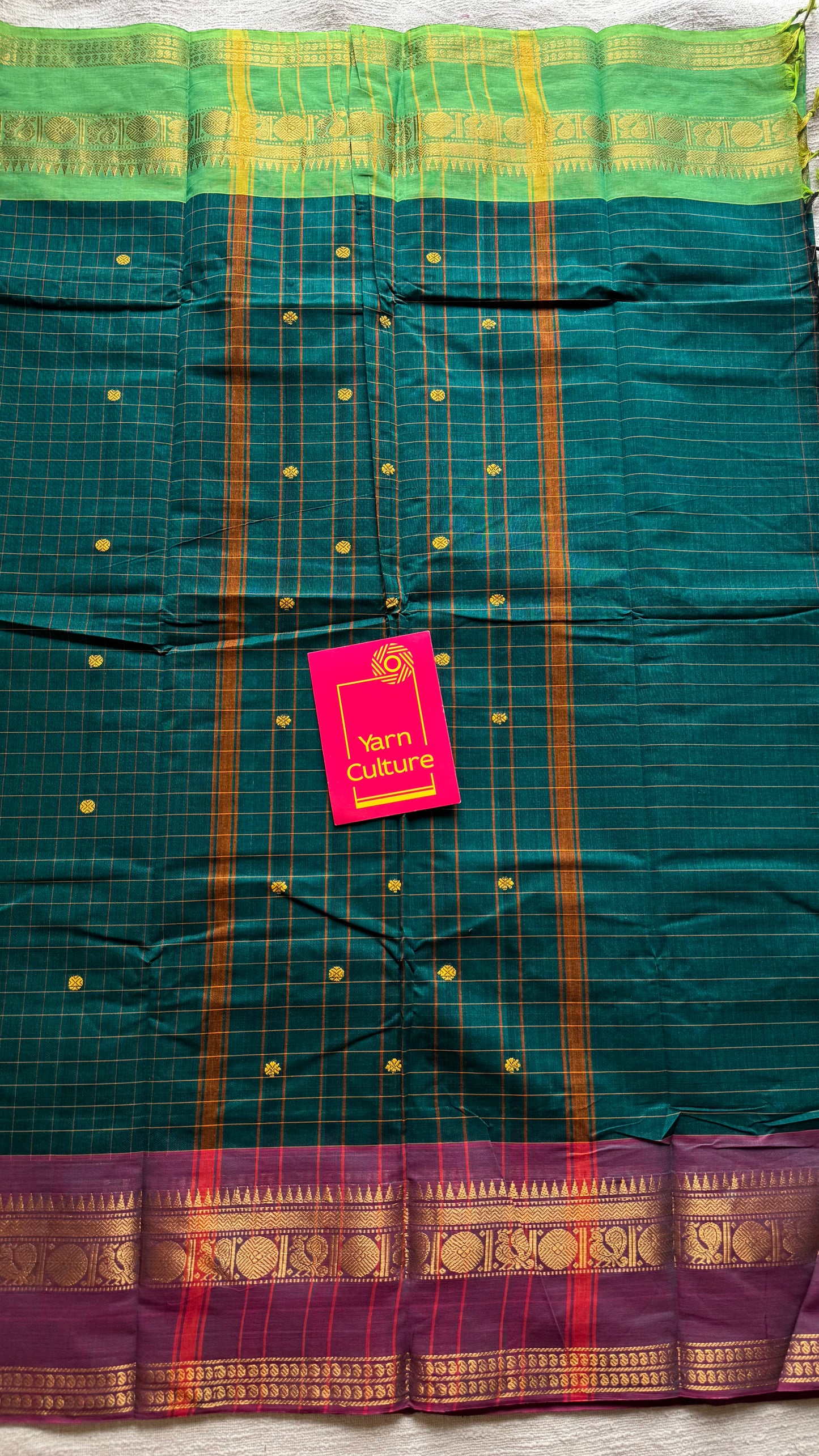 Kanchi cotton saree, green checks with wine and bright green dual toned border - YCCOTNAP76