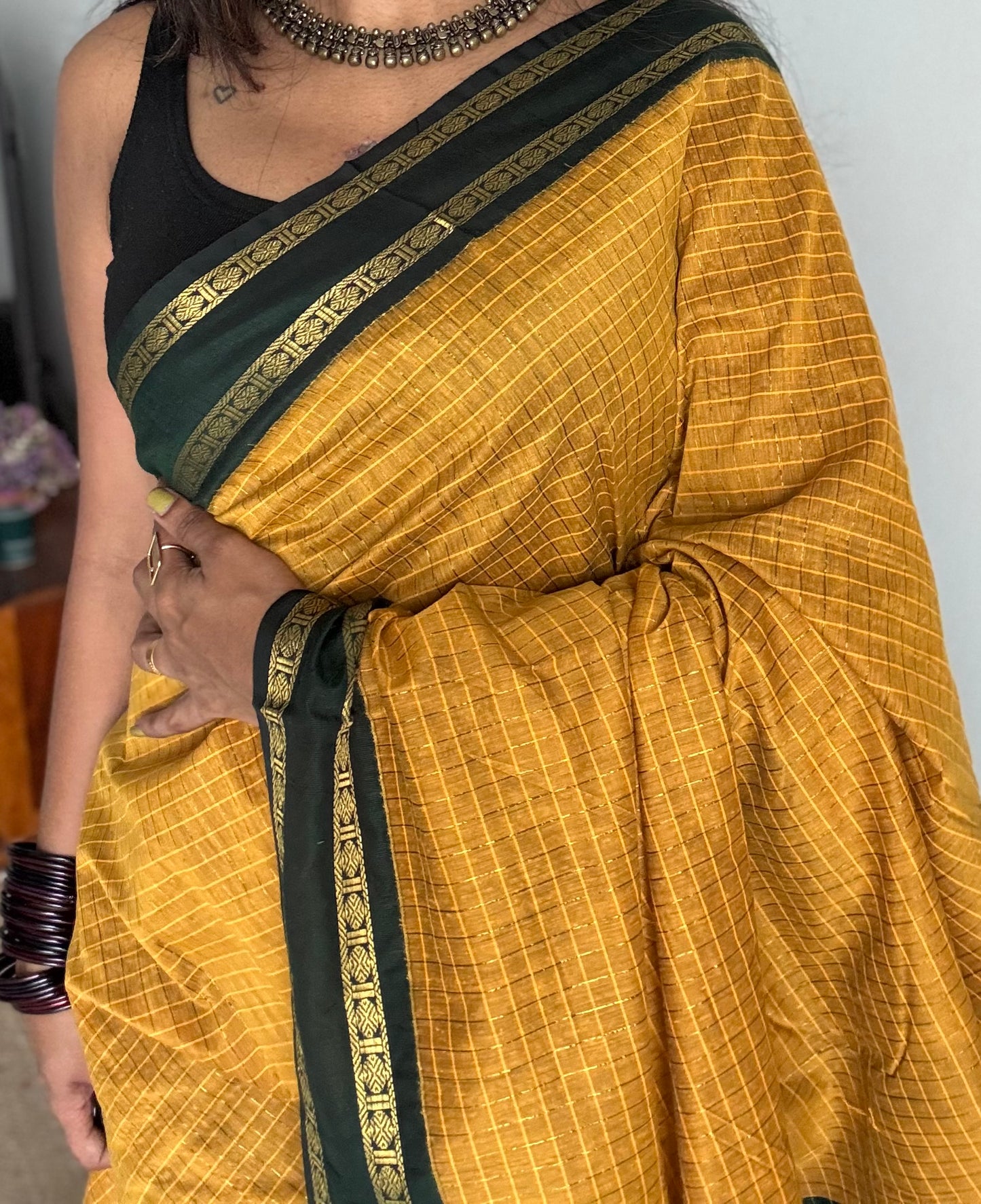 Mustard yellow with dark green contrast arani checkered saree, cotton silk - YCCOTNKCFE70