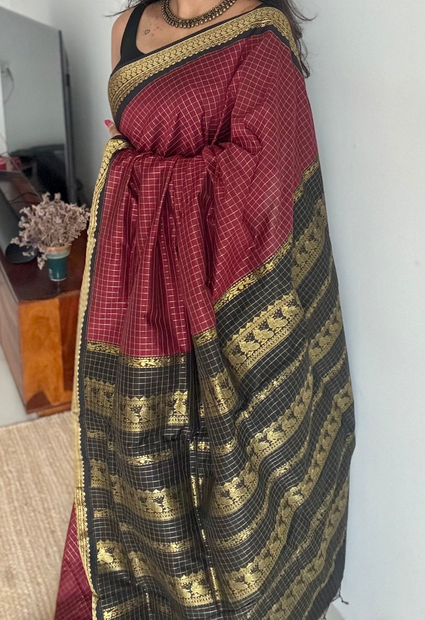 Maroon with black, checks - cotton silk - YCCOTNOCKC43