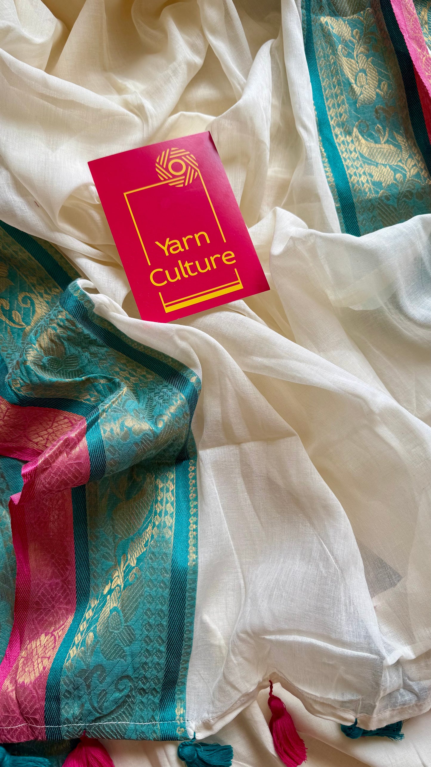 Ivory mul saree, bluish green and hot pink kanchi border - YCIEON11