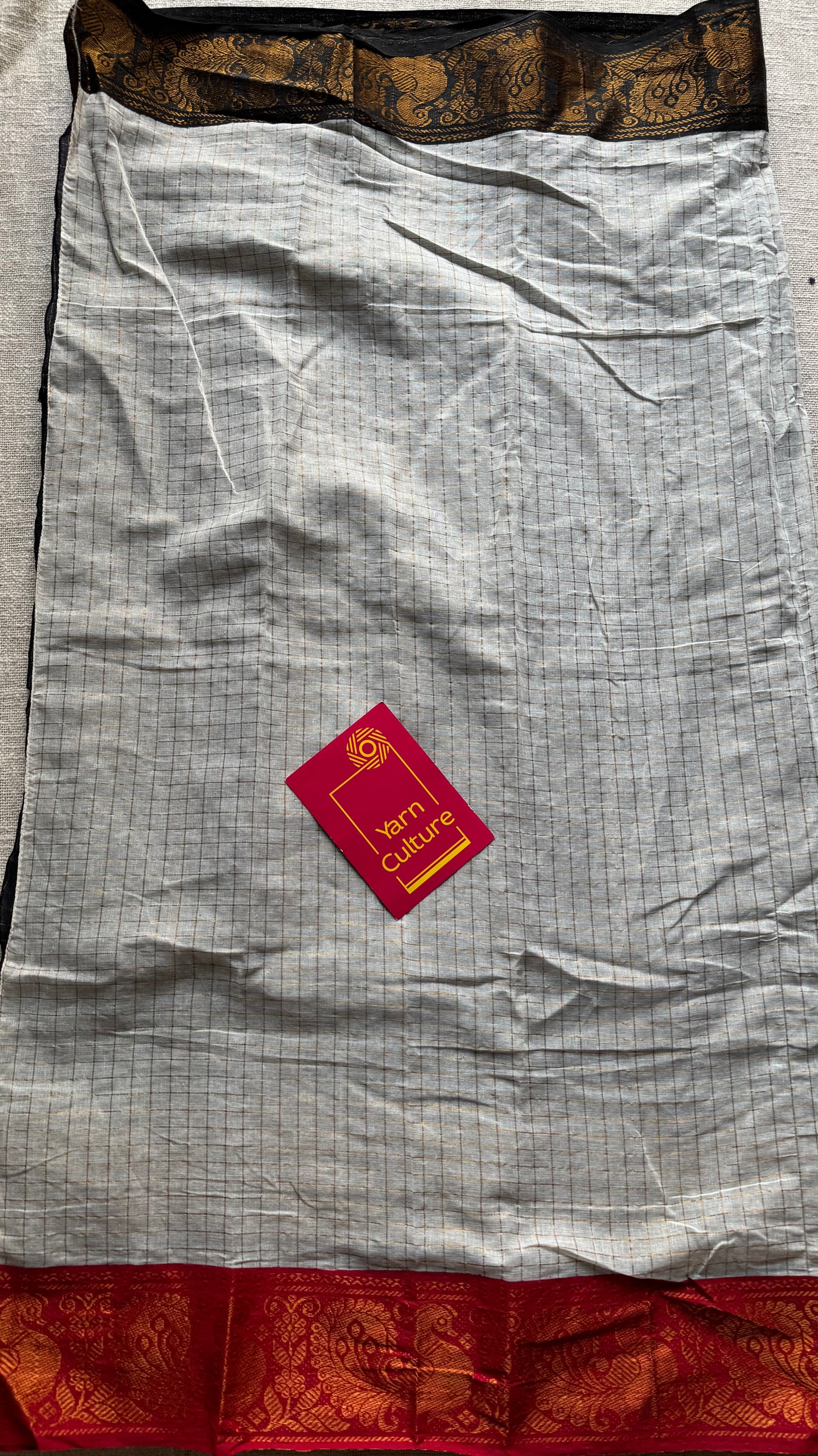 Black with ivory and red, sungudi cotton half-half saree - YCCOTNMSFE374