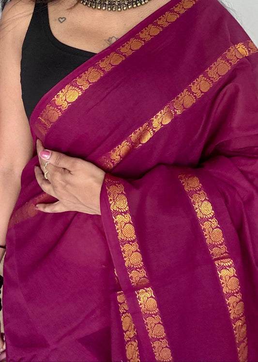 Dark purple pink (vadamalli) rettaipettu peacock double bordered, kattuchayam dyed madurai cotton saree  - YCCOTNMSAP210