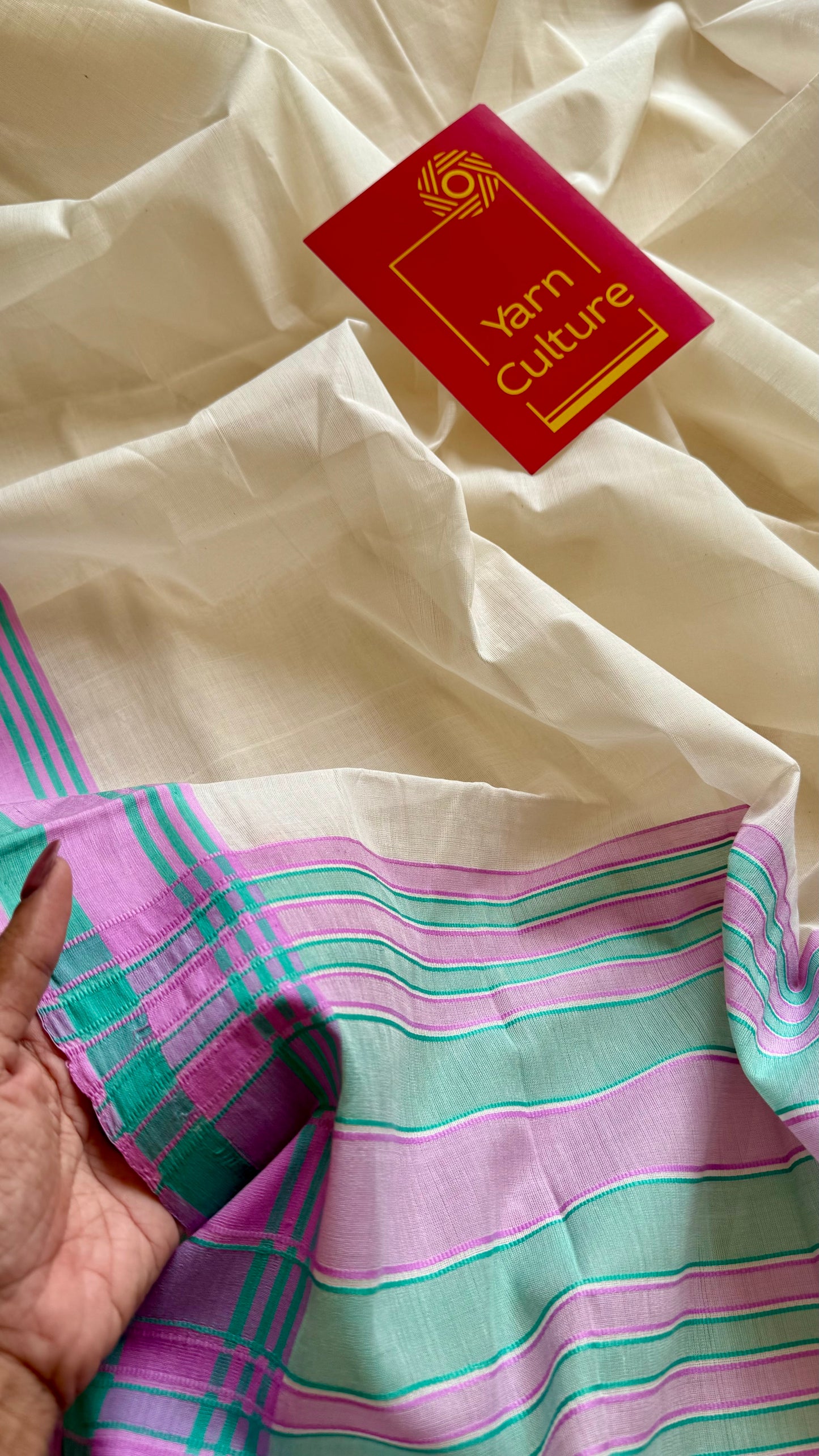 Handloom, woven in Chendamangalam Looms, ivory with pink and green stripes, soft cotton saree - YCIEON149