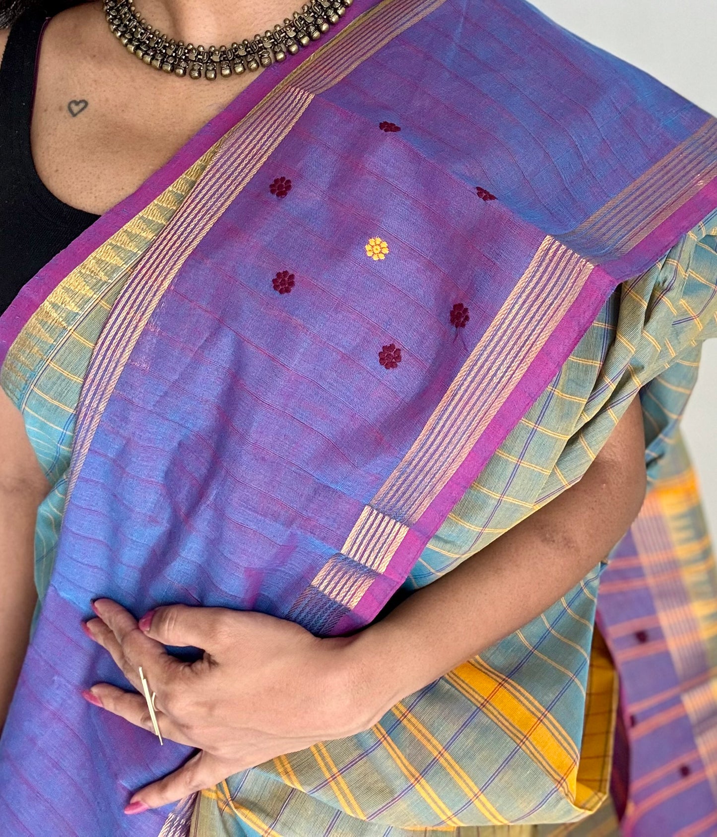 Grey and purple contrast, checkered Chettinad cotton saree - YCCOTNMA270