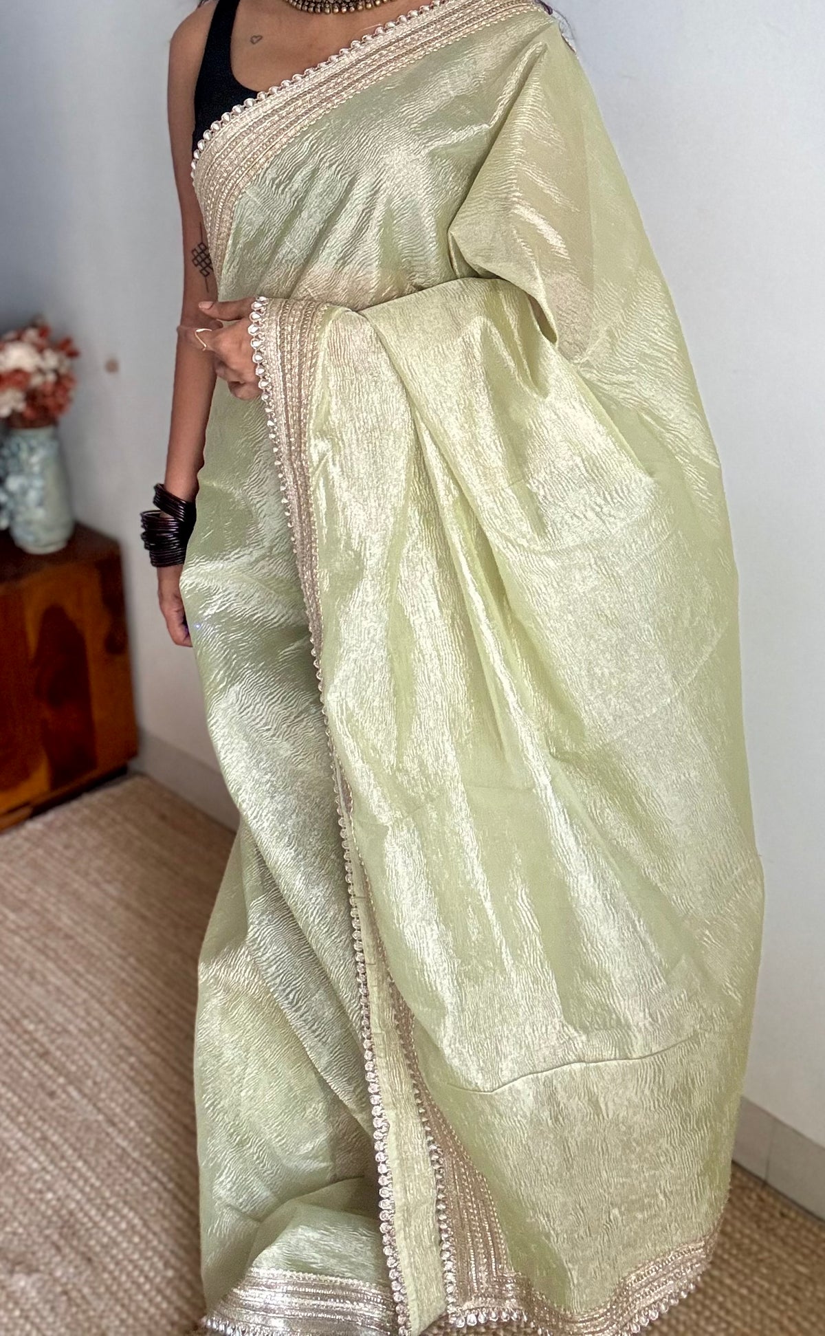 Pastel pista green crushed Banarasi tissue saree, with pearl lace border - YCBLTOC64