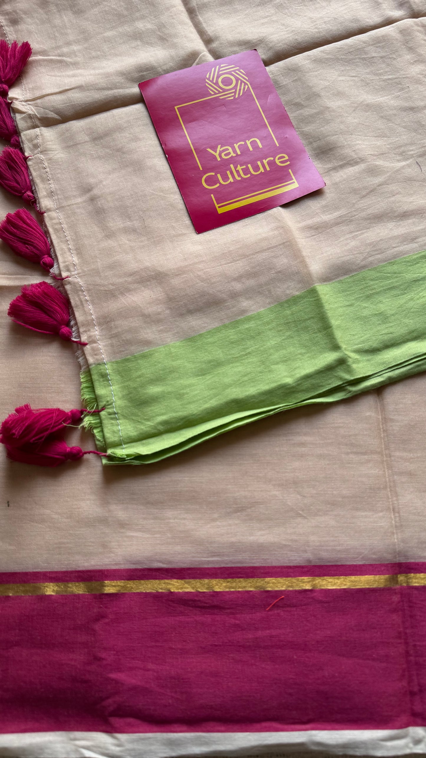 Sandal mul saree with pink and pista green borders - YCBCMCFE292