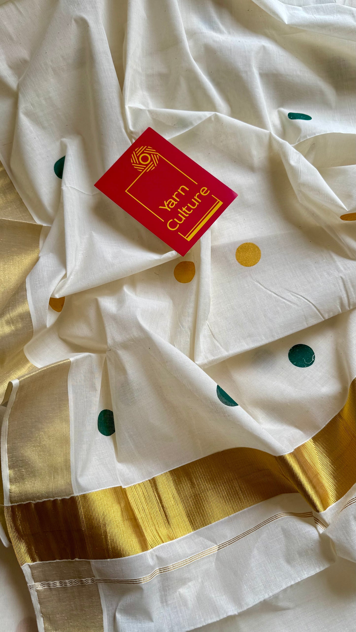 Ivory and gold soft cotton kasavu saree, dark green and yellow polka - YCIEON71