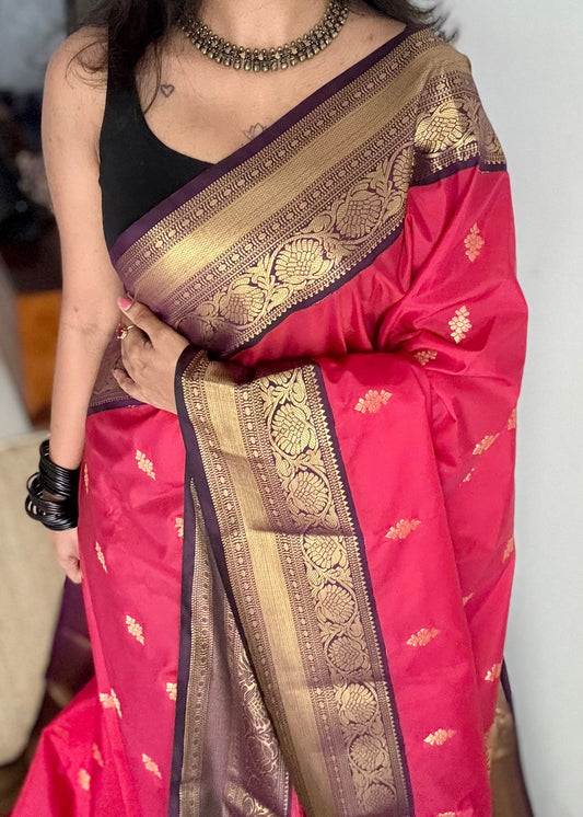 Vamika - rani pink with deep grape purple, handloom korvai semi silk - YCCOTNFEJUKS05