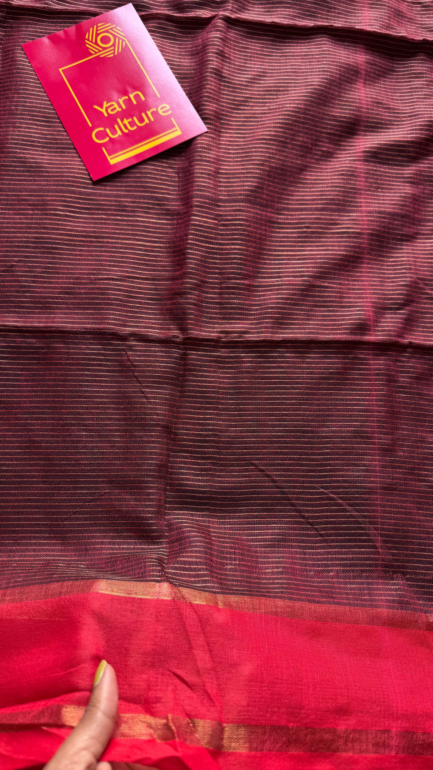 Maroon with red gap border, gold zari stripes, soft cotton - YCBCKCZDE131