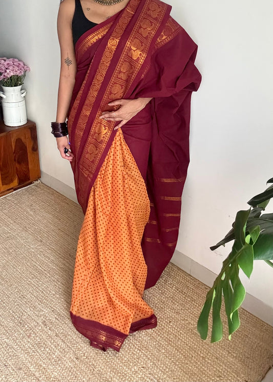Maroon with light orange, sungudi and chettinad cotton half and half saree - YCCOTNIDOC130