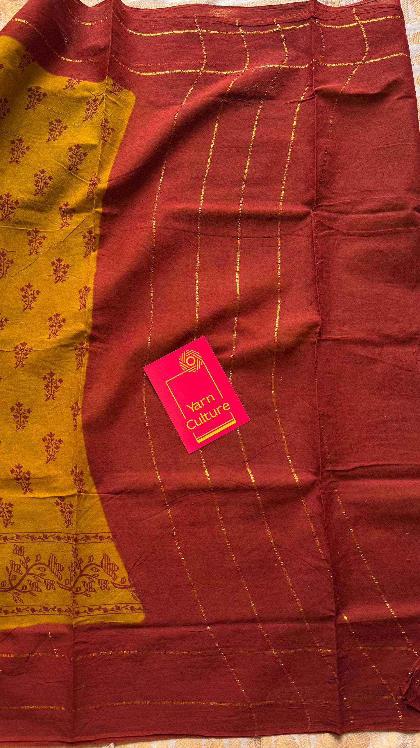 Mustard yellow with burnt red contrast, kattuchayam dyed madurai cotton saree - YCCOTNMA247