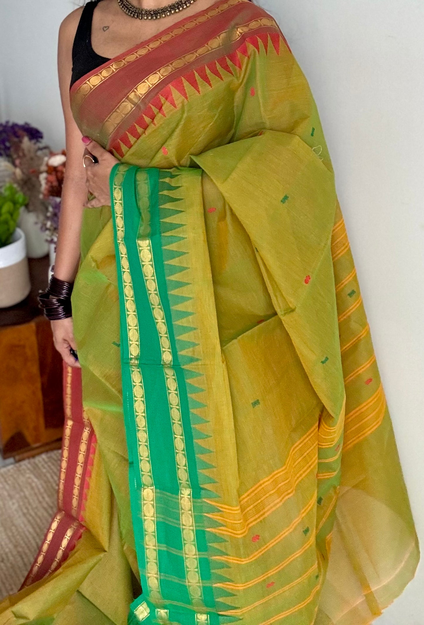Kanchi cotton saree, light green with light brown and green dual border - YCCOTNAP101