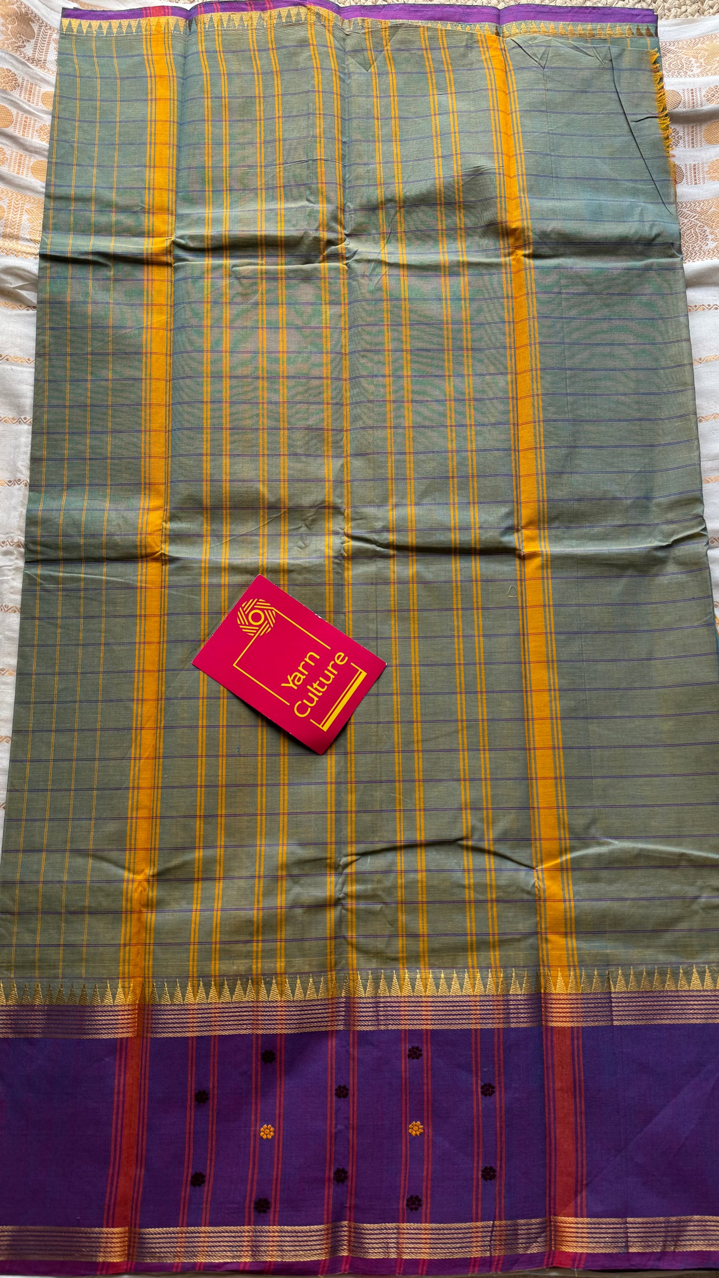 Grey and purple contrast, checkered Chettinad cotton saree - YCCOTNMA270