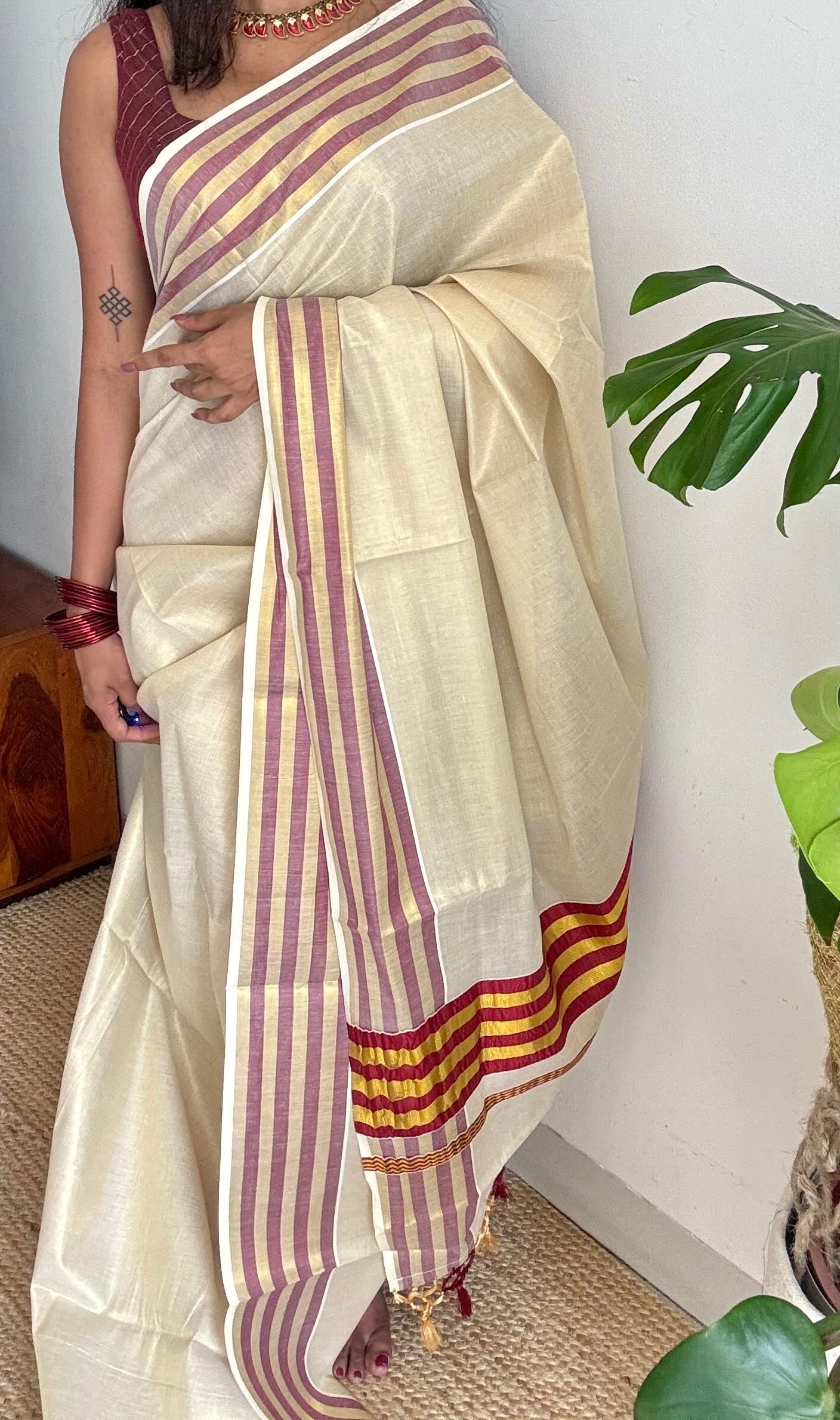 Ivory and gold soft tissue cotton saree, maroon border - YCIEON67
