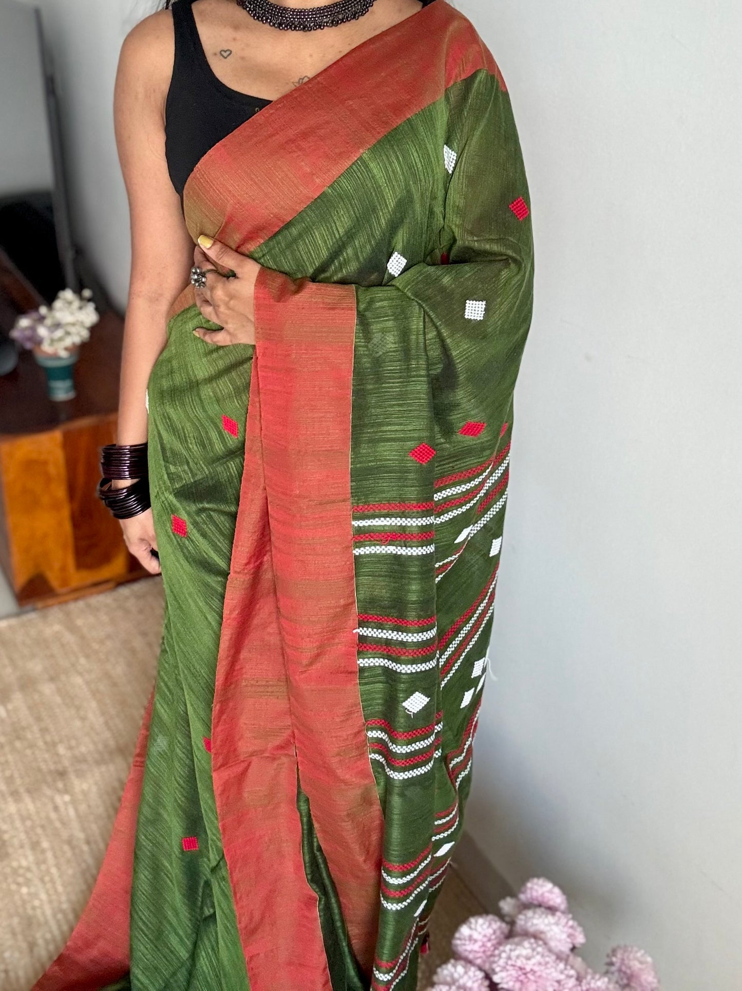 Green with burnt orange, soft cotton with woven motifs - YCBCKCDE26