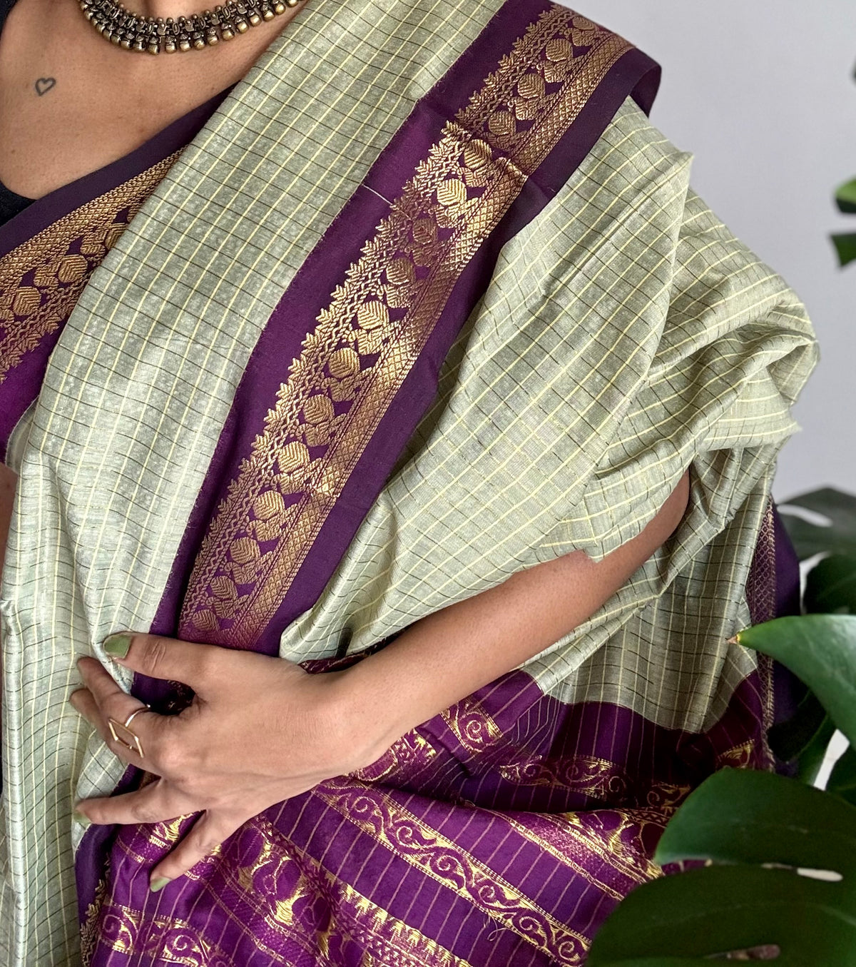 Warm grey with purple, zari checkered saree, cotton silk - YCCOTNKCOC105