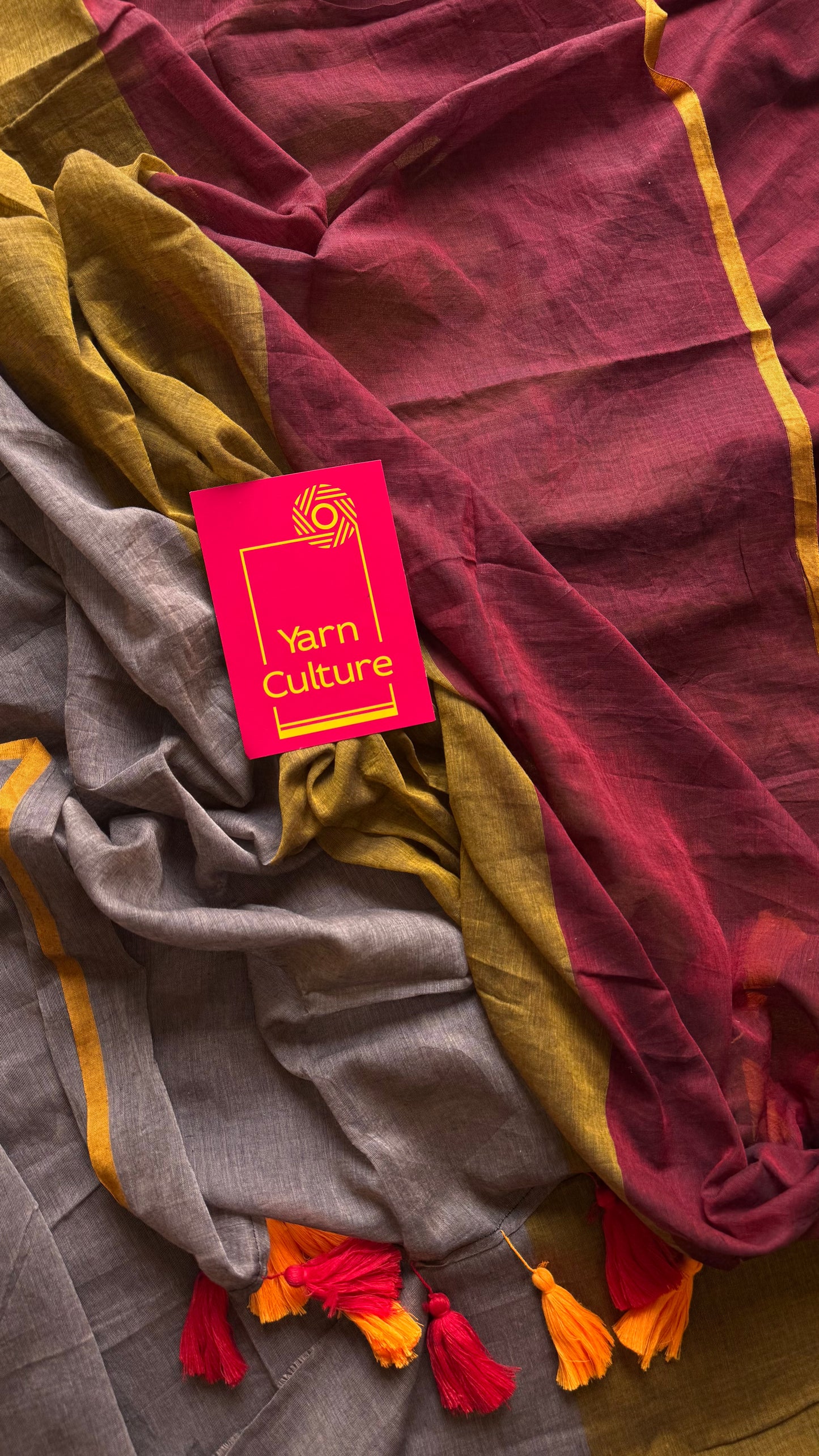 Maroon brown and grey saree, mul cotton - YCBCMA320