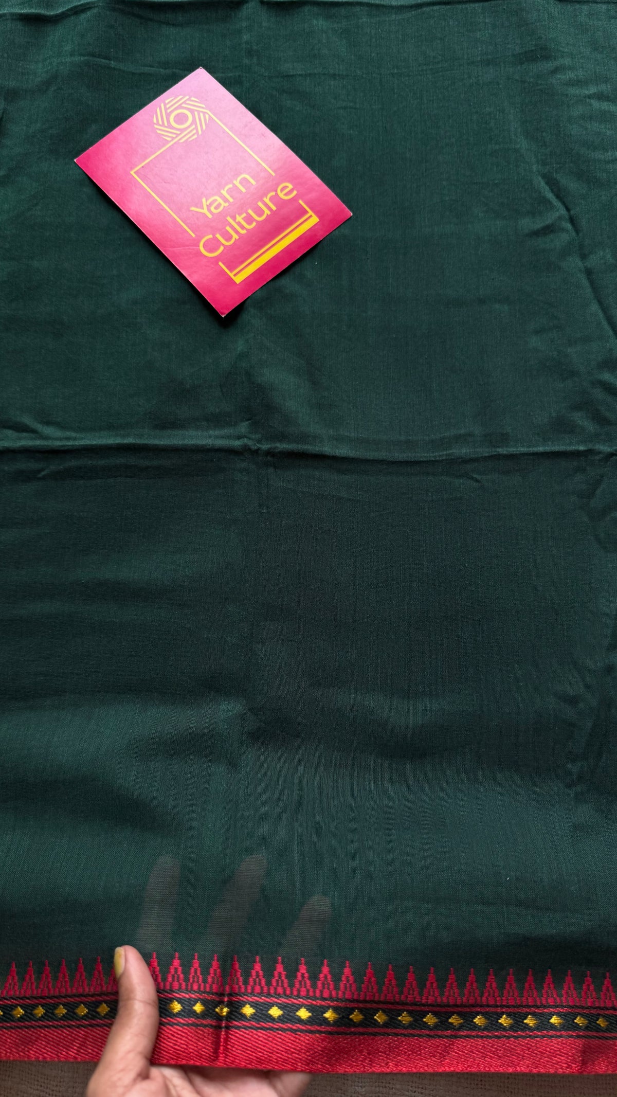 Handloom Bengal soft cotton saree, dark green with yellow and red woven dual tone borders - YCBCMCSE41