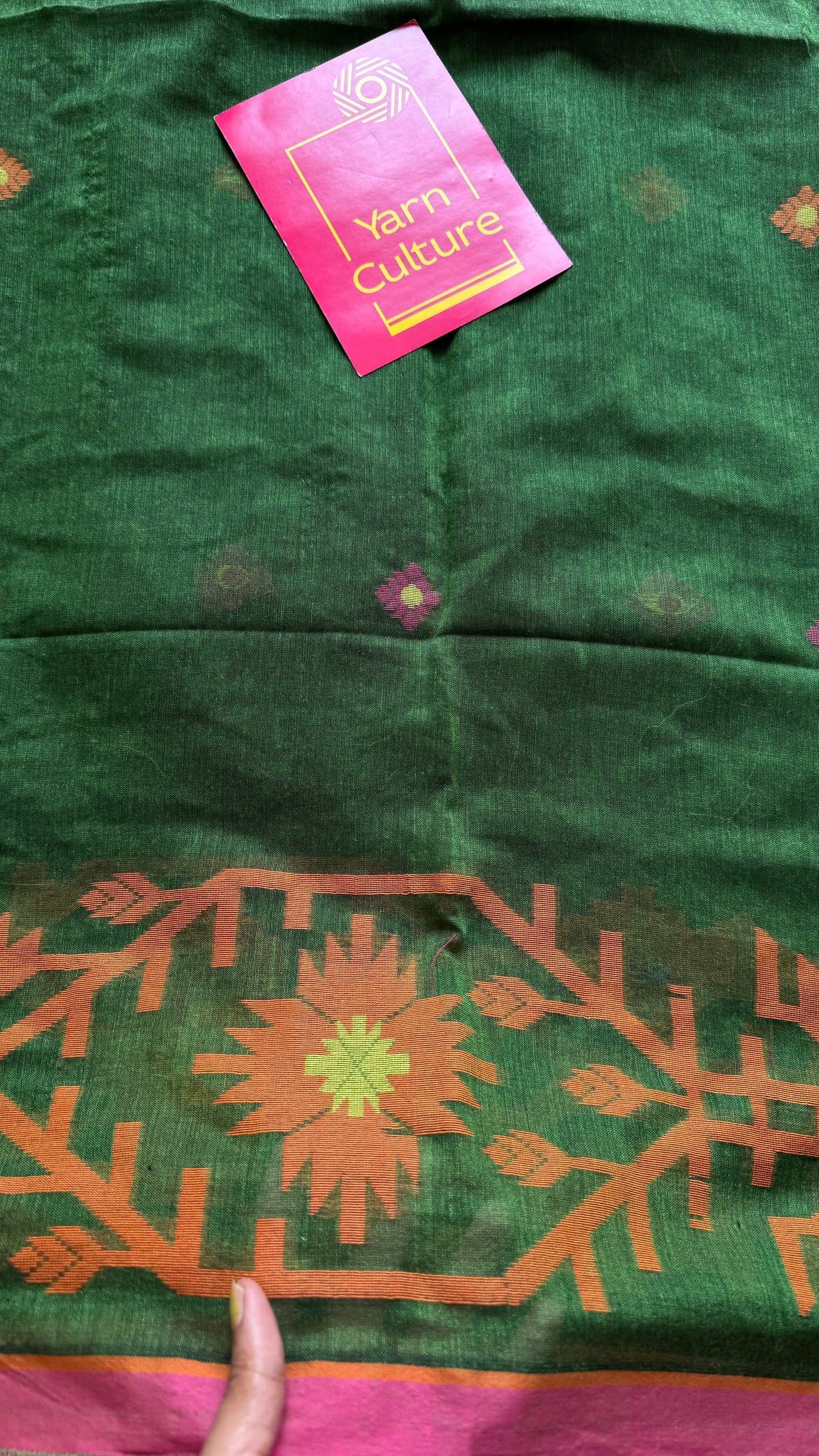 Green with pink and orange jamdani saree in mul cotton - YCBCJDFE383