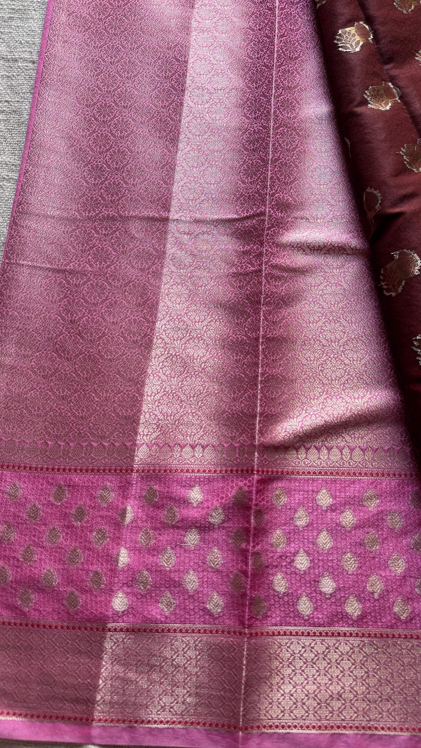 Coffee brown with pink border, semi dupion silk - YCBLSSJA23