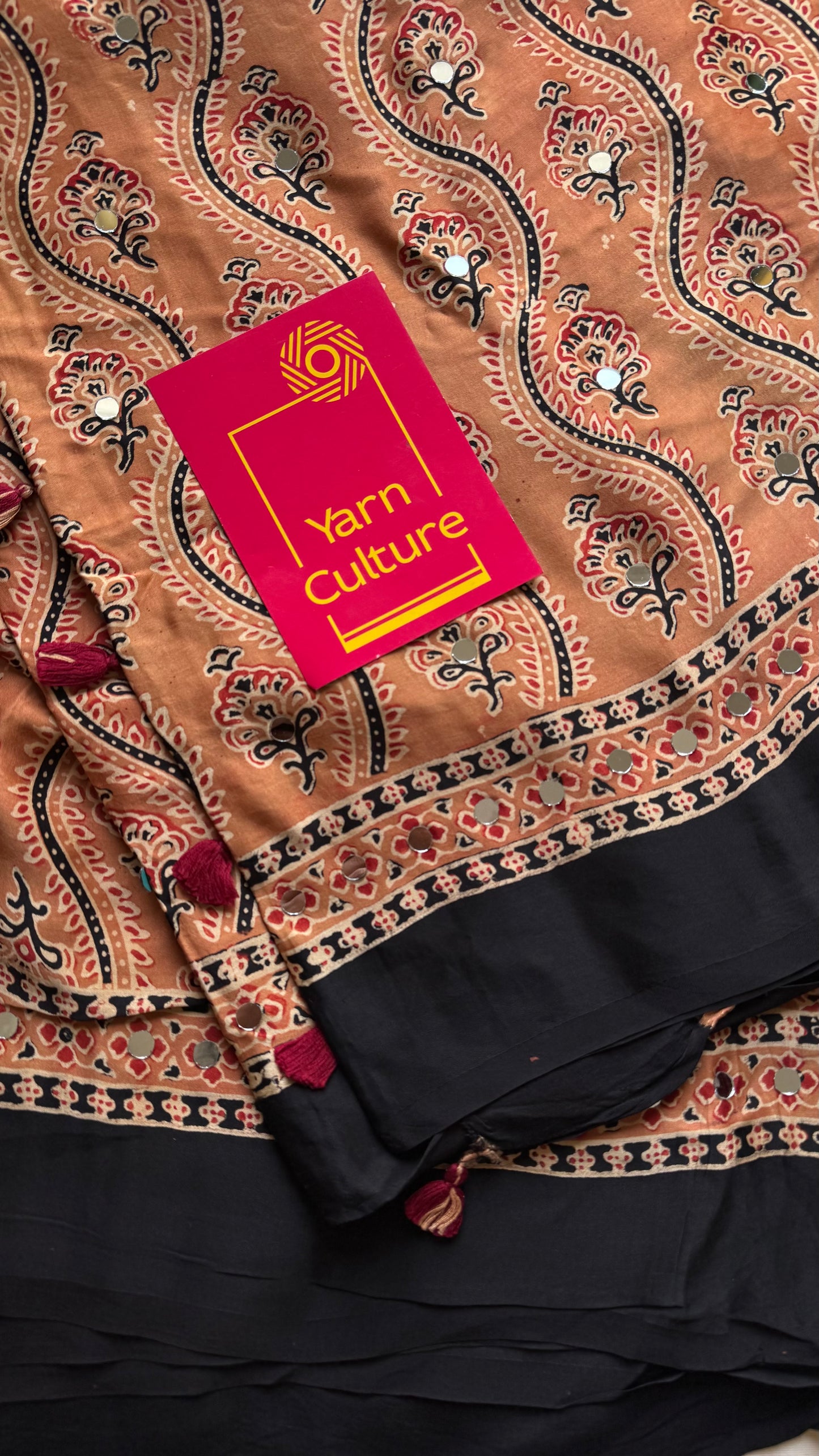 Light clay brown pure modal silk saree with ajrakh handblock print and mirror work, gold zari pallu - YCTOKAJM341