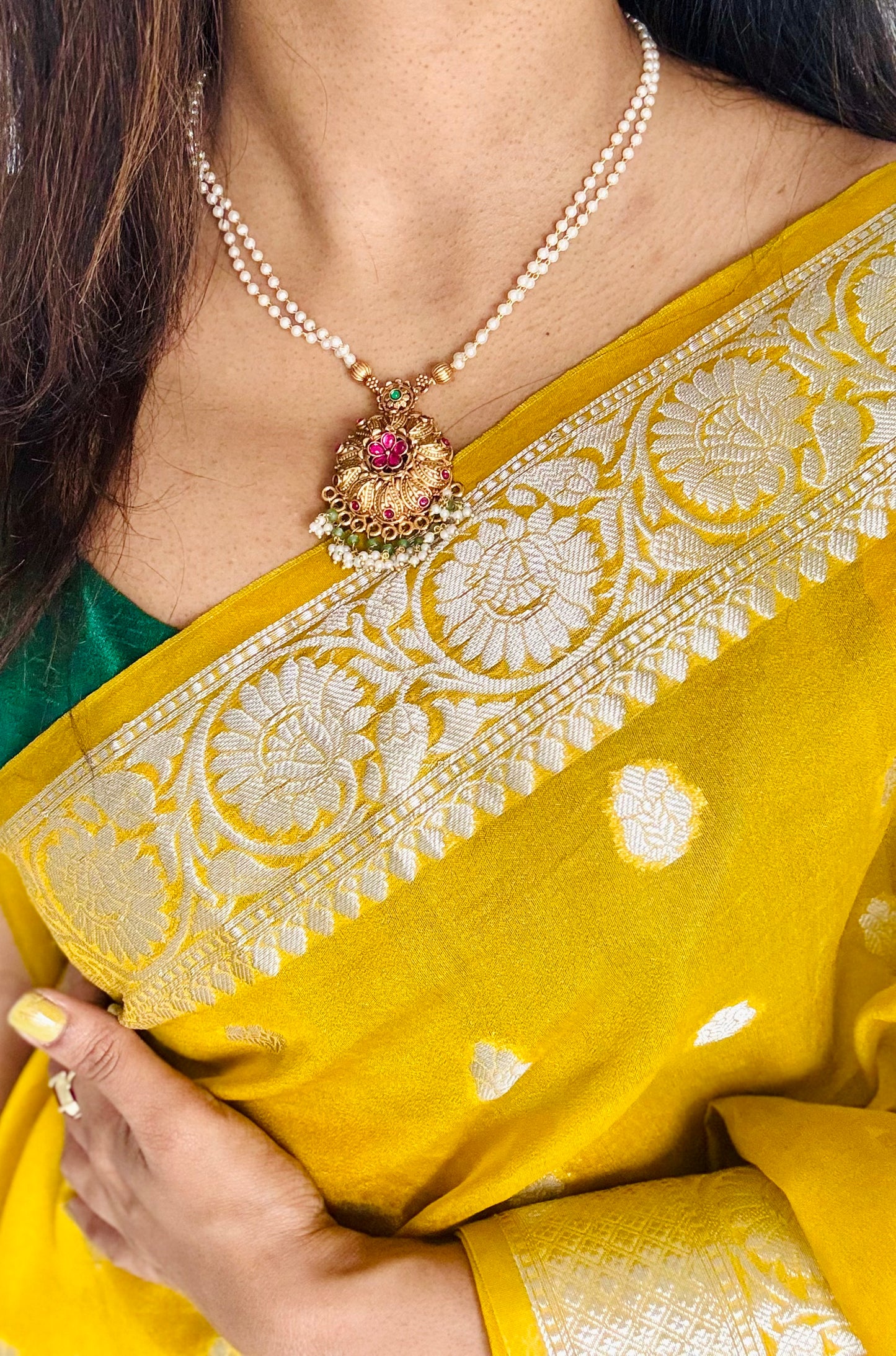 Floral ruby green pendant pearl chain neckpiece with earrings - YCGPNP667