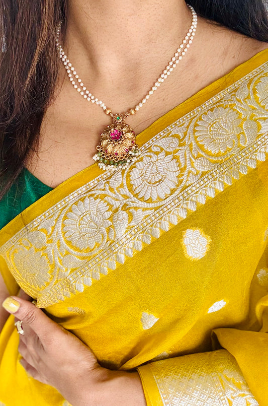 Floral ruby green pendant pearl chain neckpiece with earrings - YCGPNP667