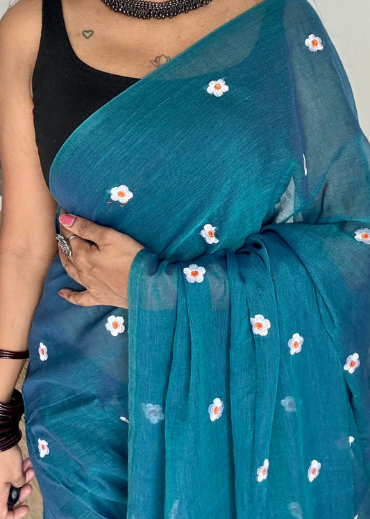 Peacock blue with white floral embroidered mul cotton saree  - YCBCMCAP43