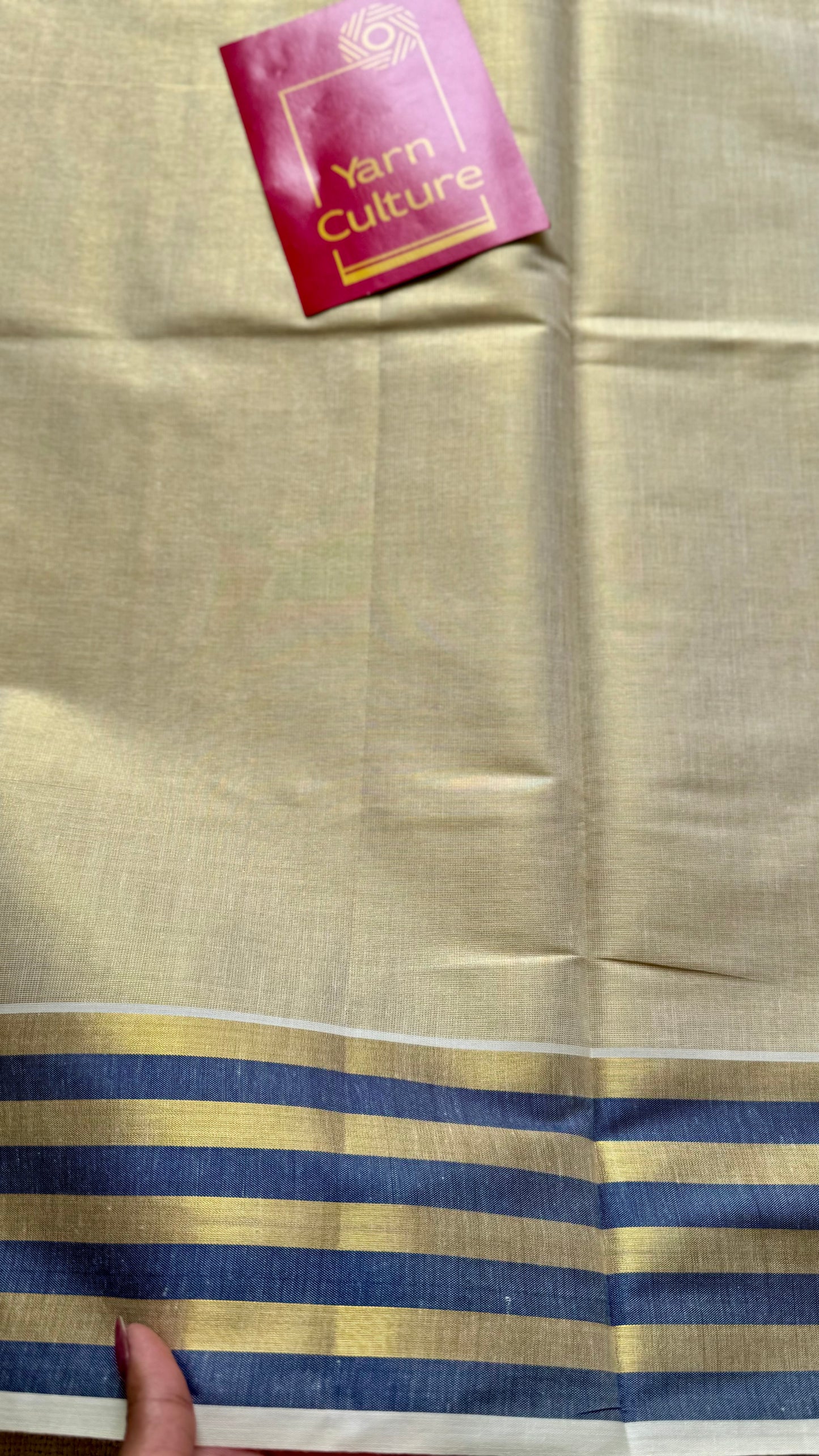 Ivory and gold soft tissue cotton saree, royal blue border - YCIEON66