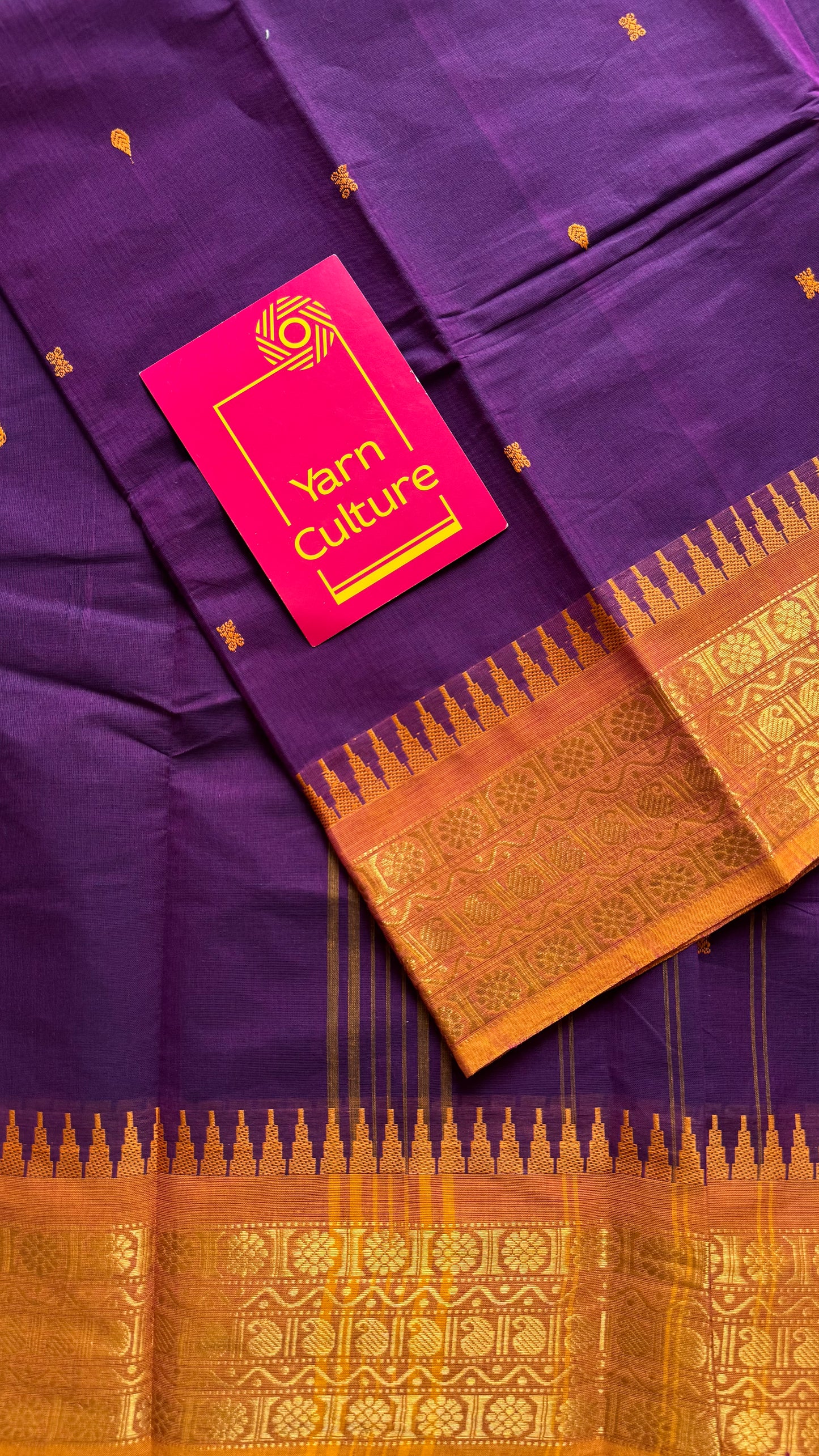 Kanchi cotton saree, purple with turmeric yellow border - YCCOTNAP87