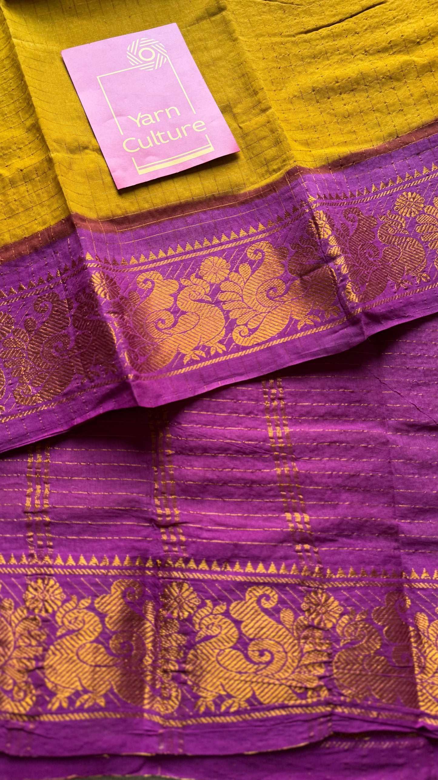 Ginger yellow with magenta checkered sungudi, madurai cotton - YCCOTNSUDE46