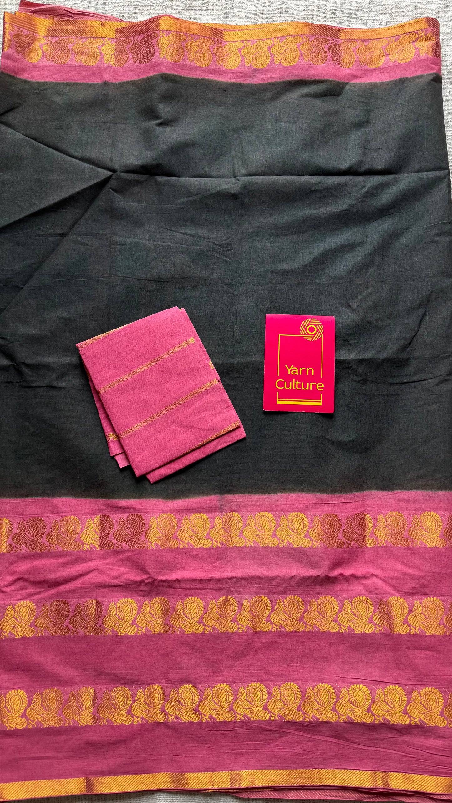 Dark green and pink sungudi with triple peacock motif rettai pettu wide border - YCCOTNSEMS51