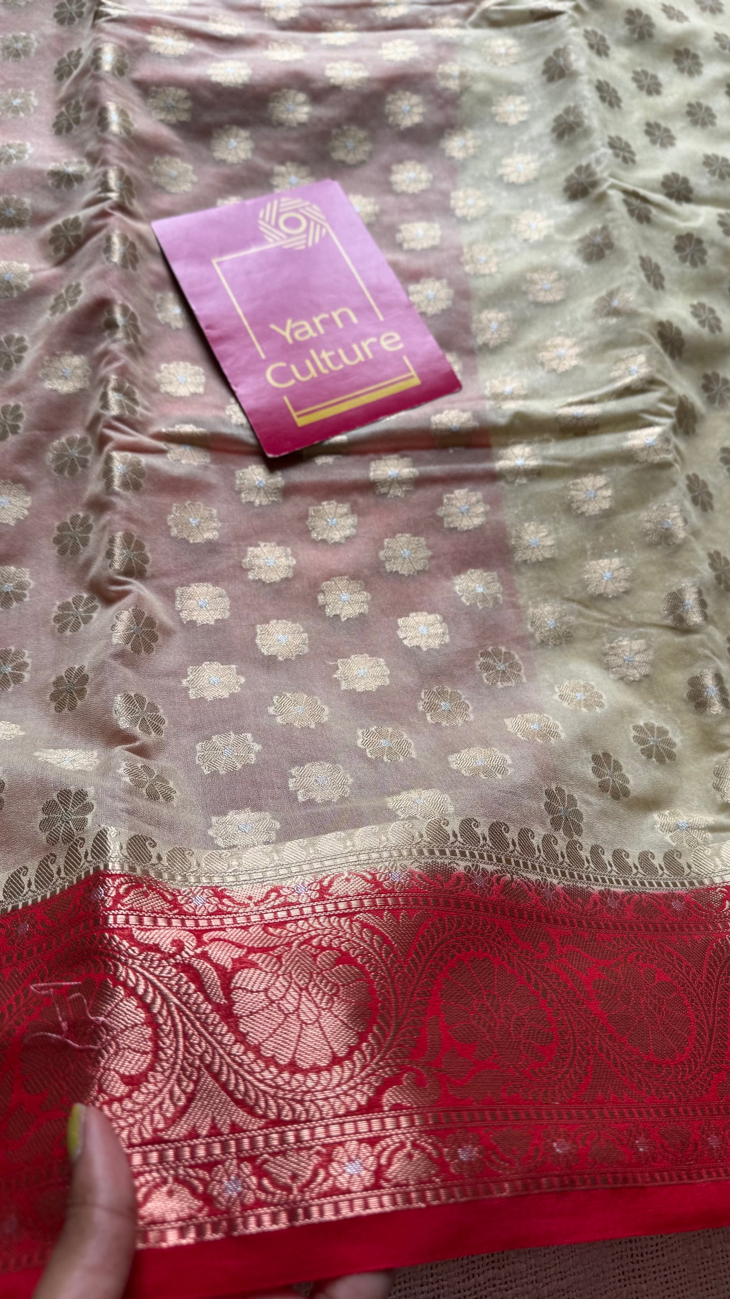 Cream with red contrast borders, banarasi semi georgette - YCBCDP19