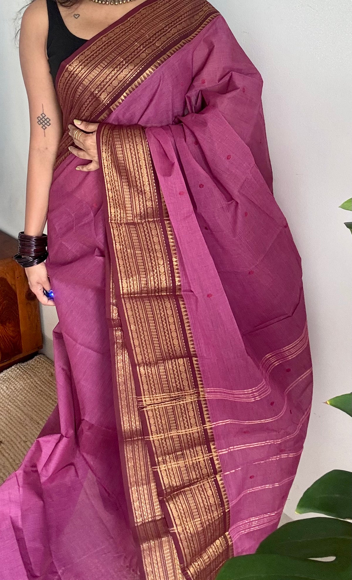 Berry pink with maroon zari border chettinad cotton saree - YCCOTNCKSE13