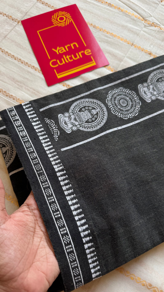 Dark Grey Single Mundu with White Kathakali Print | Soft Cotton Men's Dhoti - YCMSEIE182