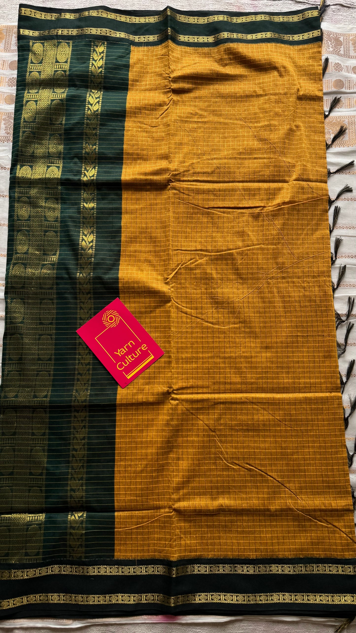 Mustard yellow with dark green contrast arani checkered saree, cotton silk - YCCOTNAUG12