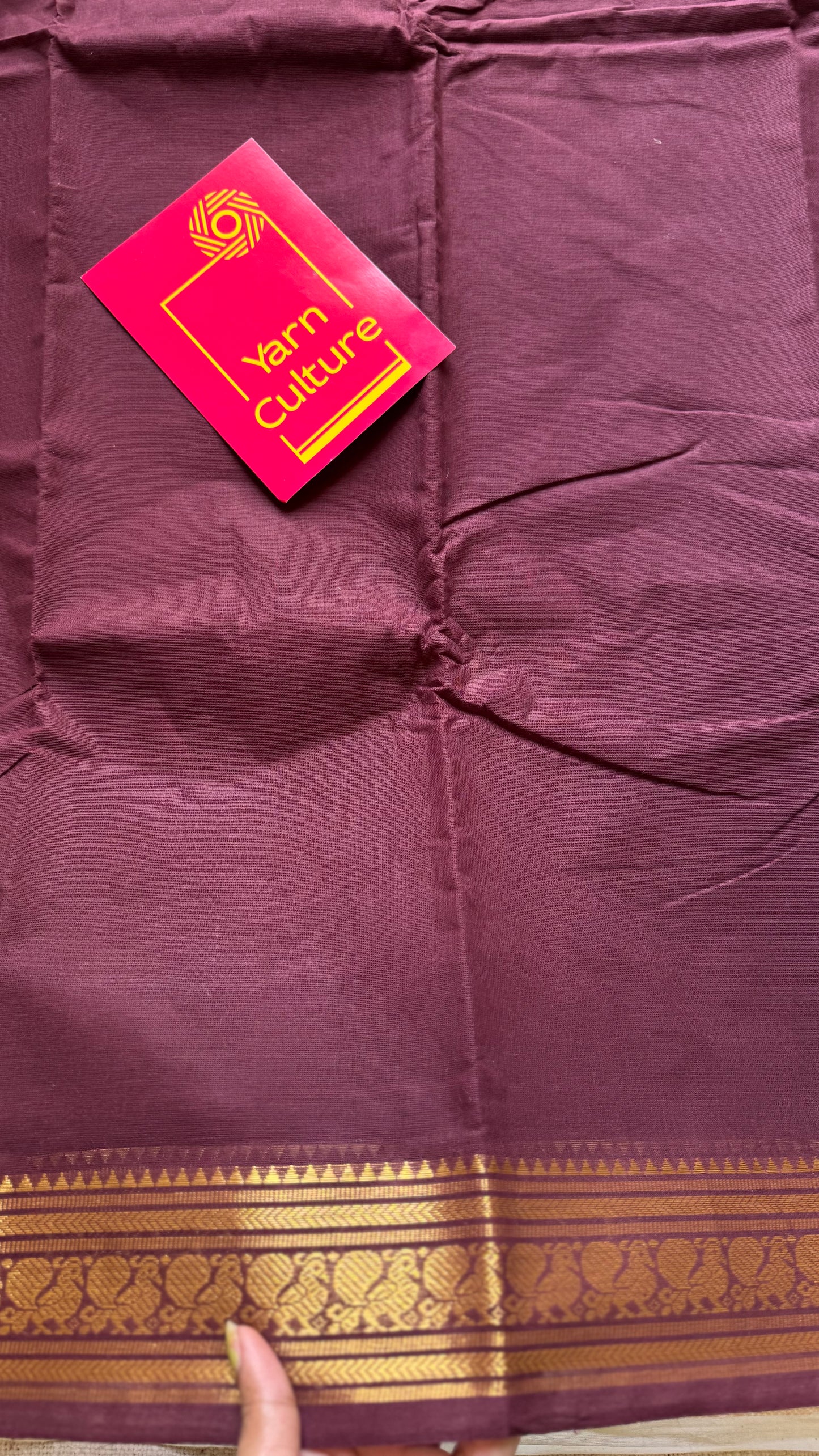 Chettinad cotton saree in maroon with thin peacock zari motif border - YCCOTNJUCC10