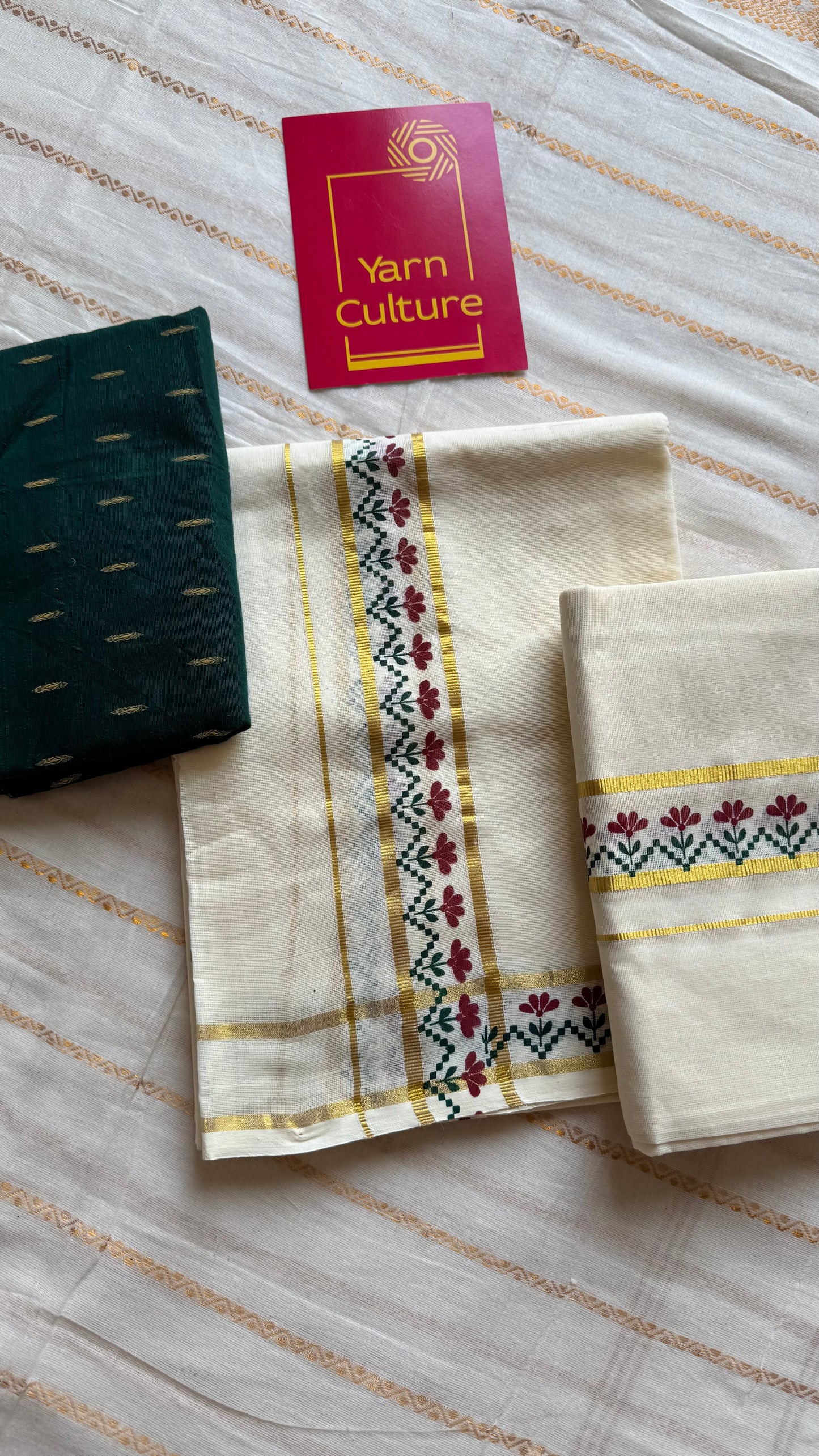 Set mund, maroon and green flowers, gold kasavu gap border - YCIEON107