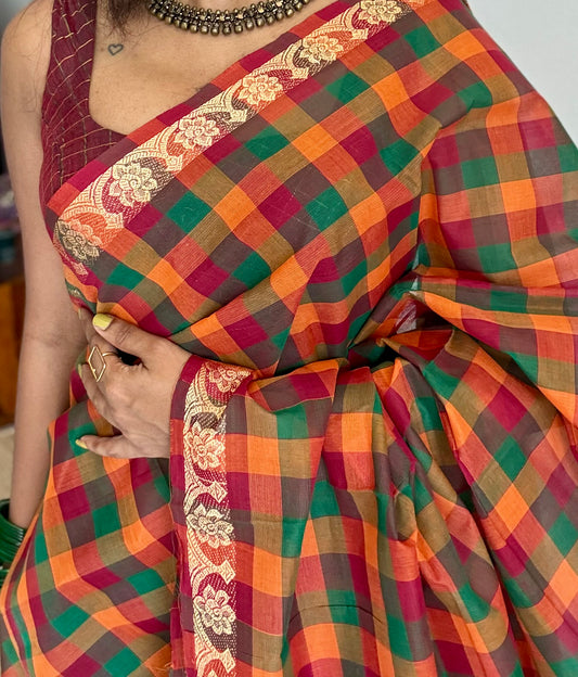 Multicolour Chettinad cotton saree with Paalum Pazhamum checks (Orange, Maroon, Green) - YCCOTNCCFE150