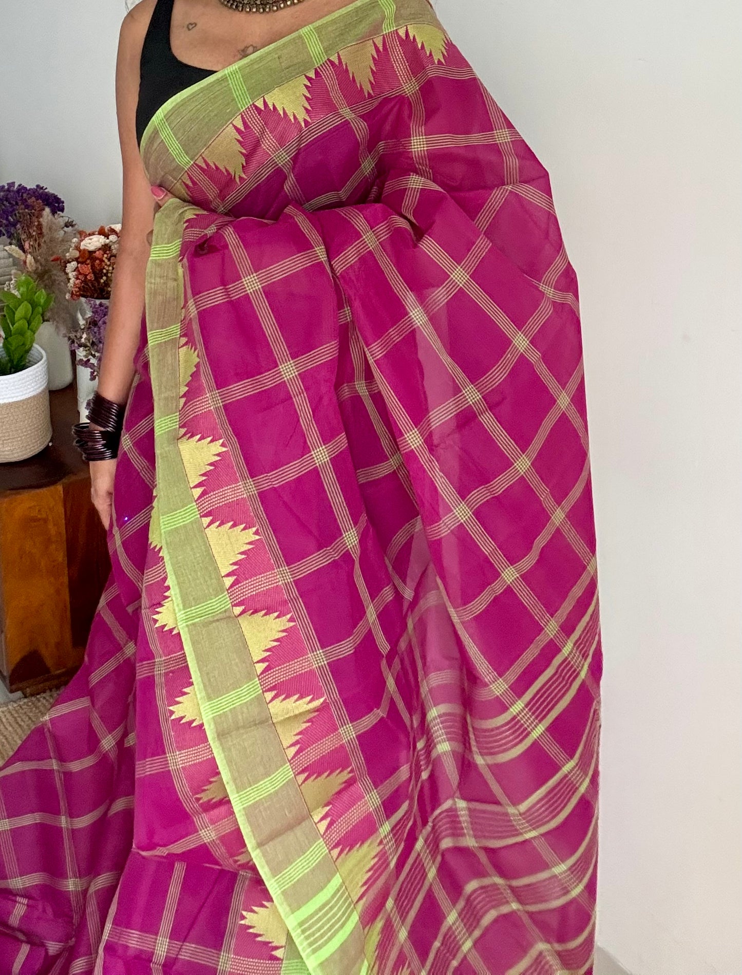 Chettinad cotton saree with magenta and lime green checks, temple motif border - YCCOTNAP69