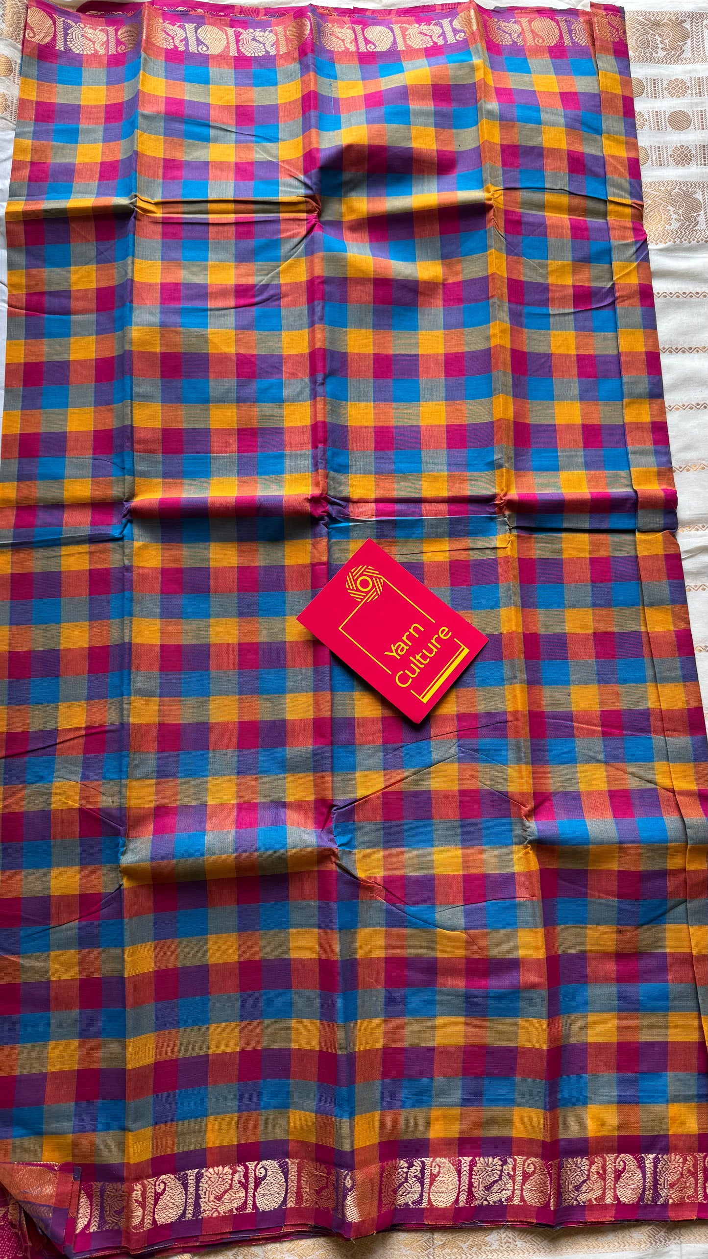 Multicolour Chettinad cotton saree with Paalum Pazhamum checks (pink, blue, orange, yellow)- YCCOTNJUCC01