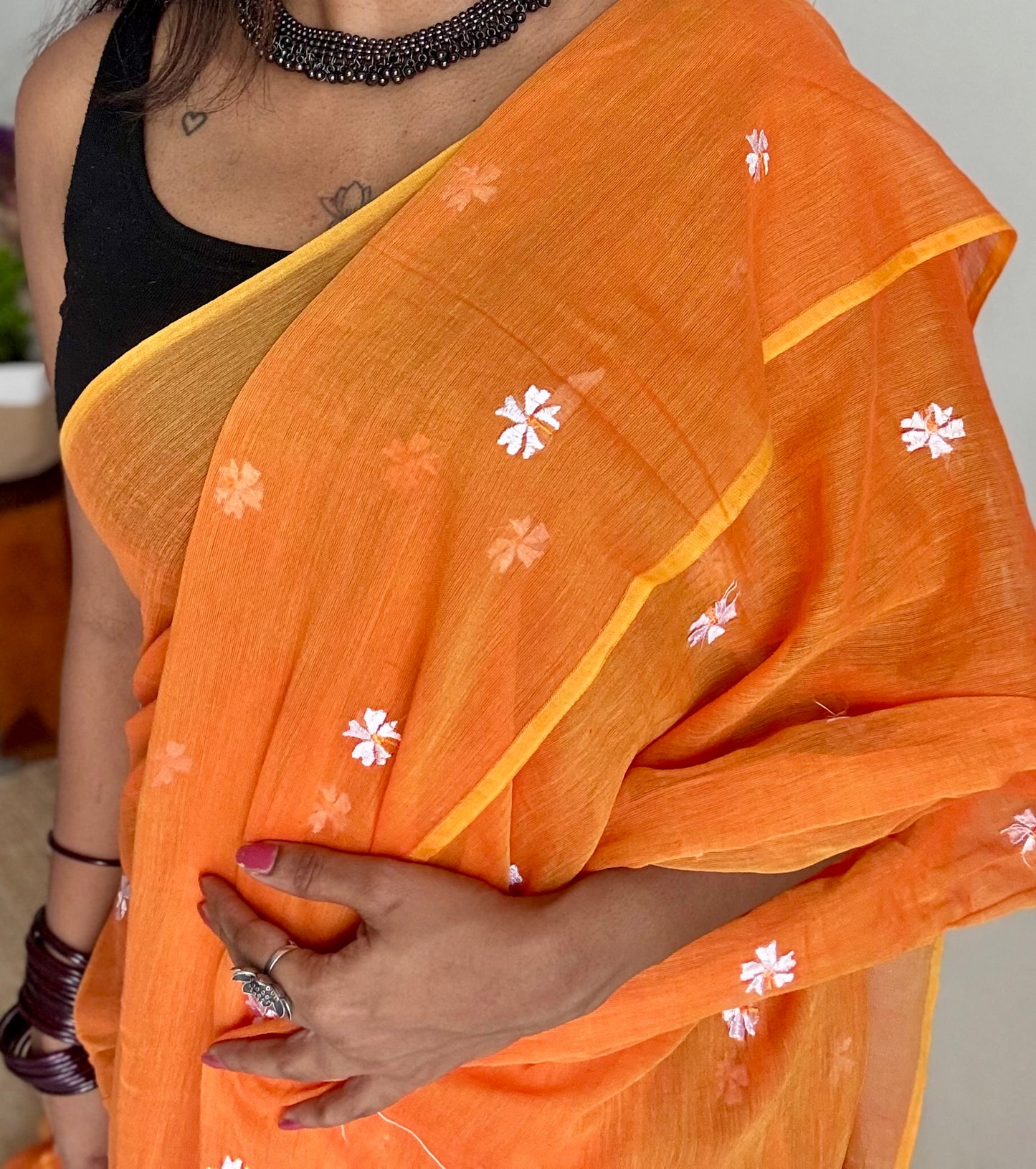 Orange parijat soft mul cotton saree  - YCBCMCAP28