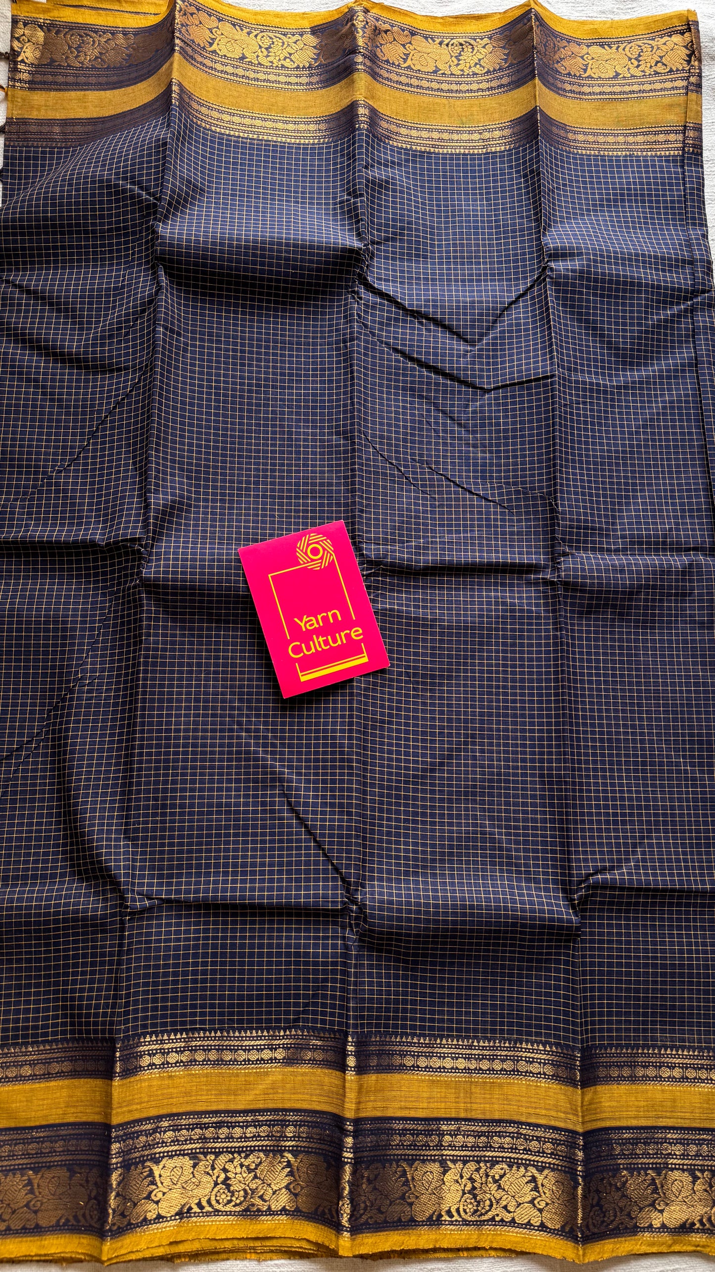 Kanchi cotton saree, dark blue checks with korvai border - YCCOTNAP72