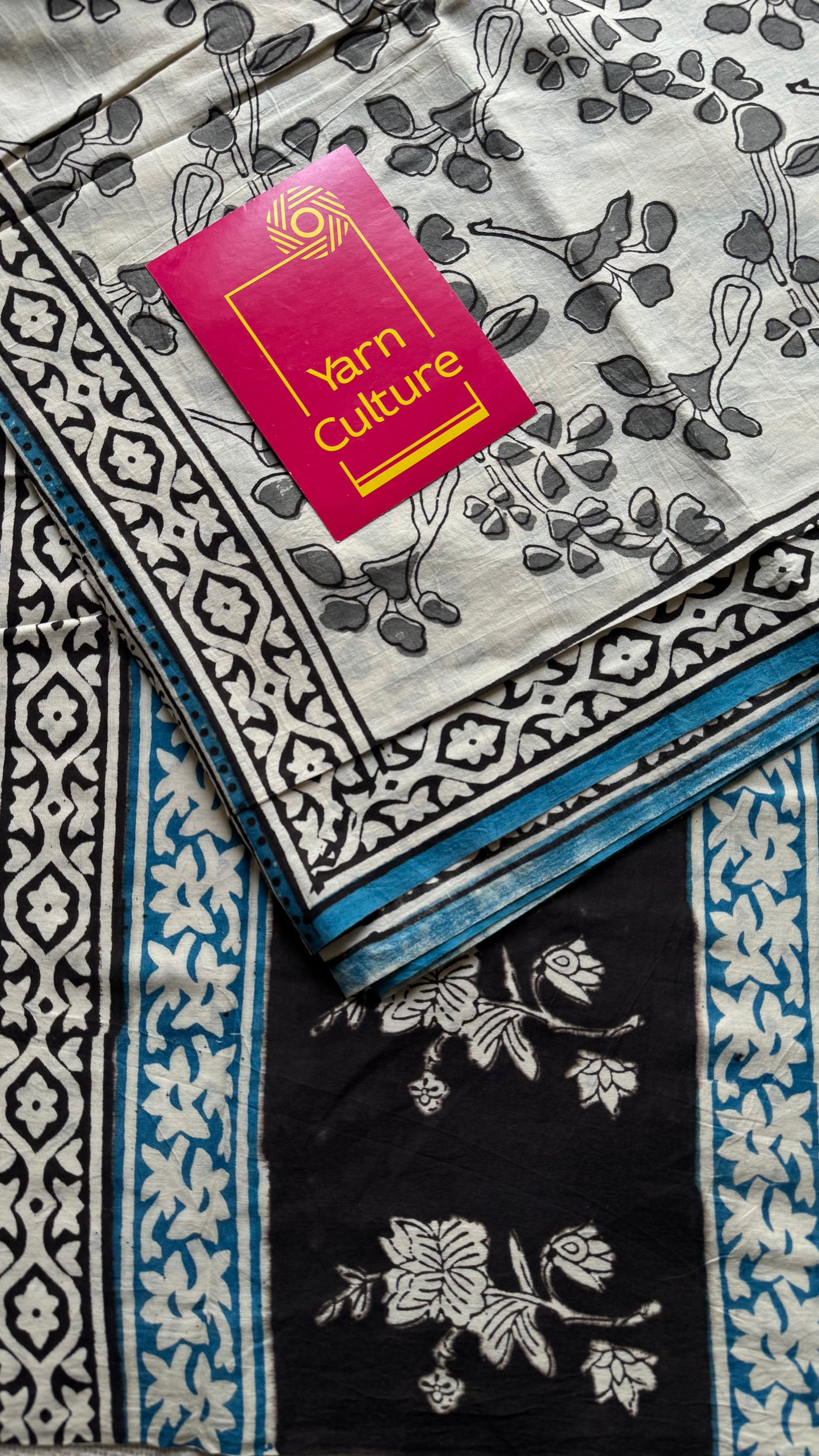 Beige with grey flowers, blue border, block printed soft cotton saree - YCTORCMA14