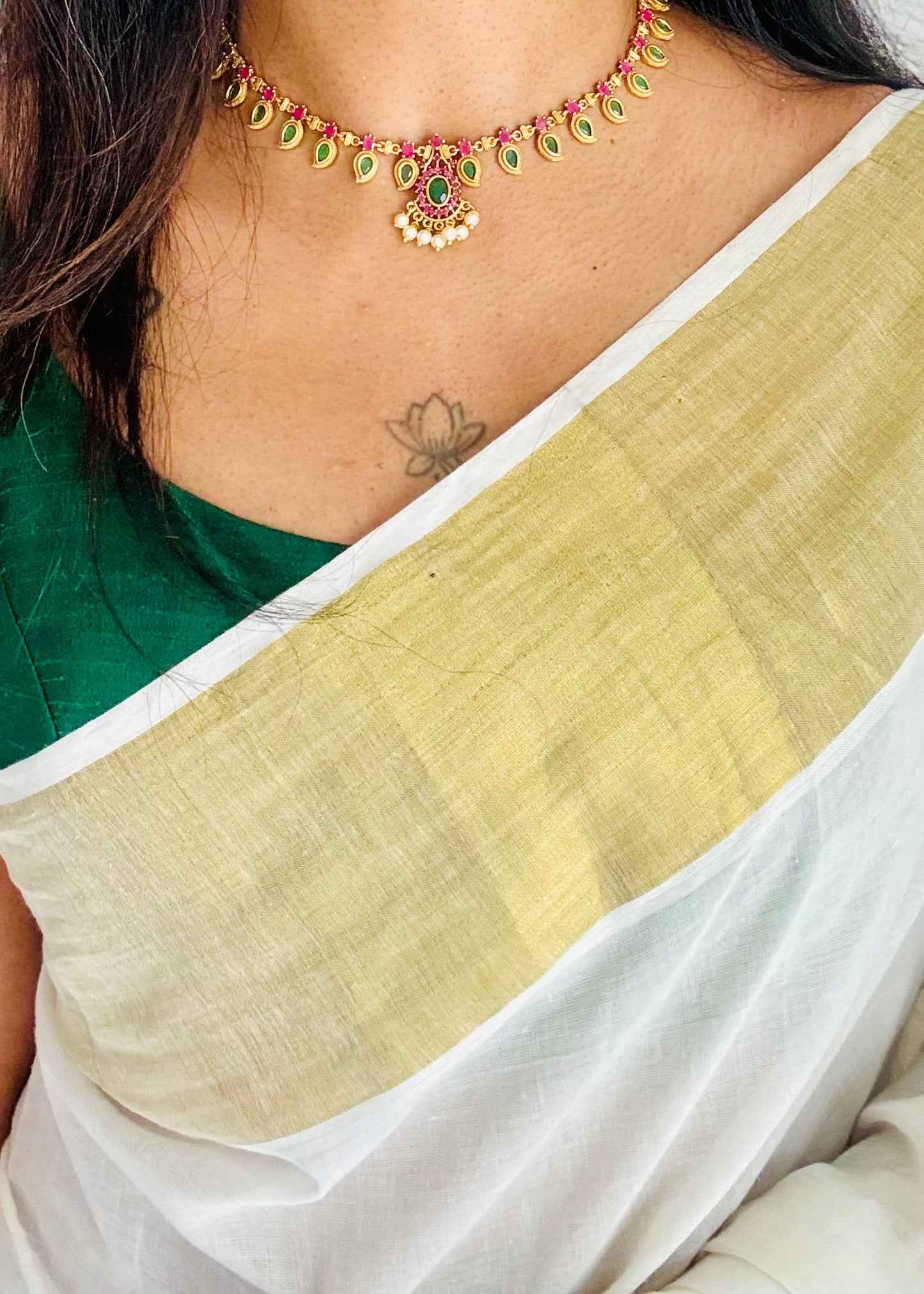 Palakka neckpiece with ruby, green and white stones, with earrings - YCGPNP798